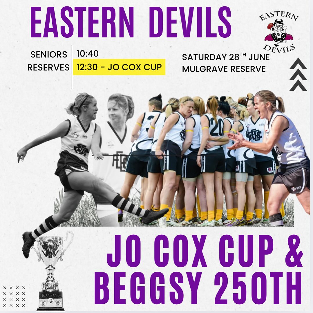 This weekend is the Jo Cox Cup & Devils Legend Shelley Beggs 250th Game! 😈🏆
It will be an incredible day starting with our Seniors at 10:40am playing @southcroydonfc following by the Jo Cox Cup at 12:30pm against @mitchamfootballclub . Then into our social rooms after the Reserves game 😈 There will also be a BBQ and bake sale!
Please join us celebrating this huge day on Saturday!! Can’t wait to see you there 💪🏼🔥