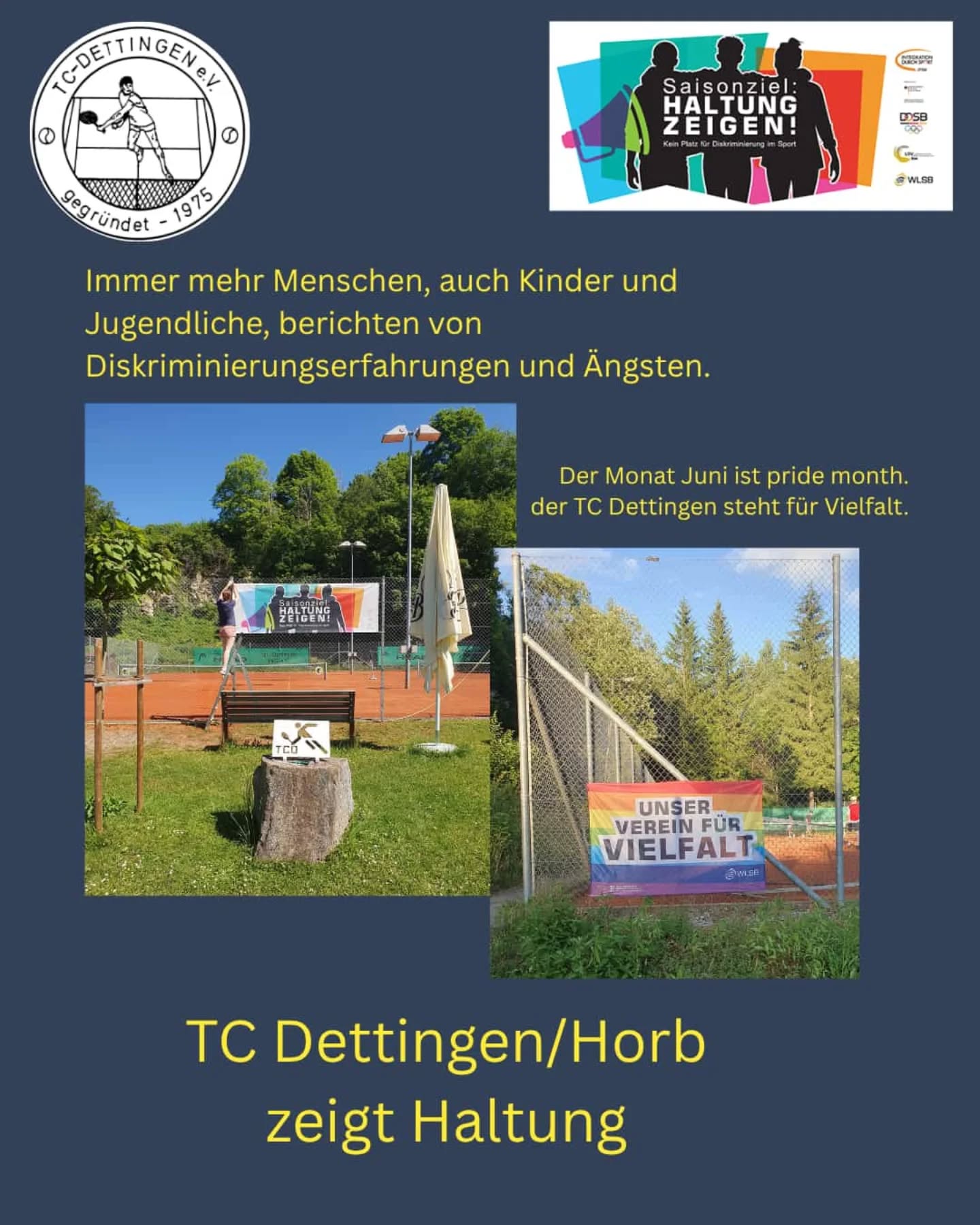 Der TC Dettingen ist Partner der Kampagne "Haltung zeigen". Der Juni ist Pride Month. Der TC Dettingen zeigt Haltung ist Verein für Vielfalt. #haltungzeigen #pridemonth #tms_tennis #tennisvereinglatt #WLSB