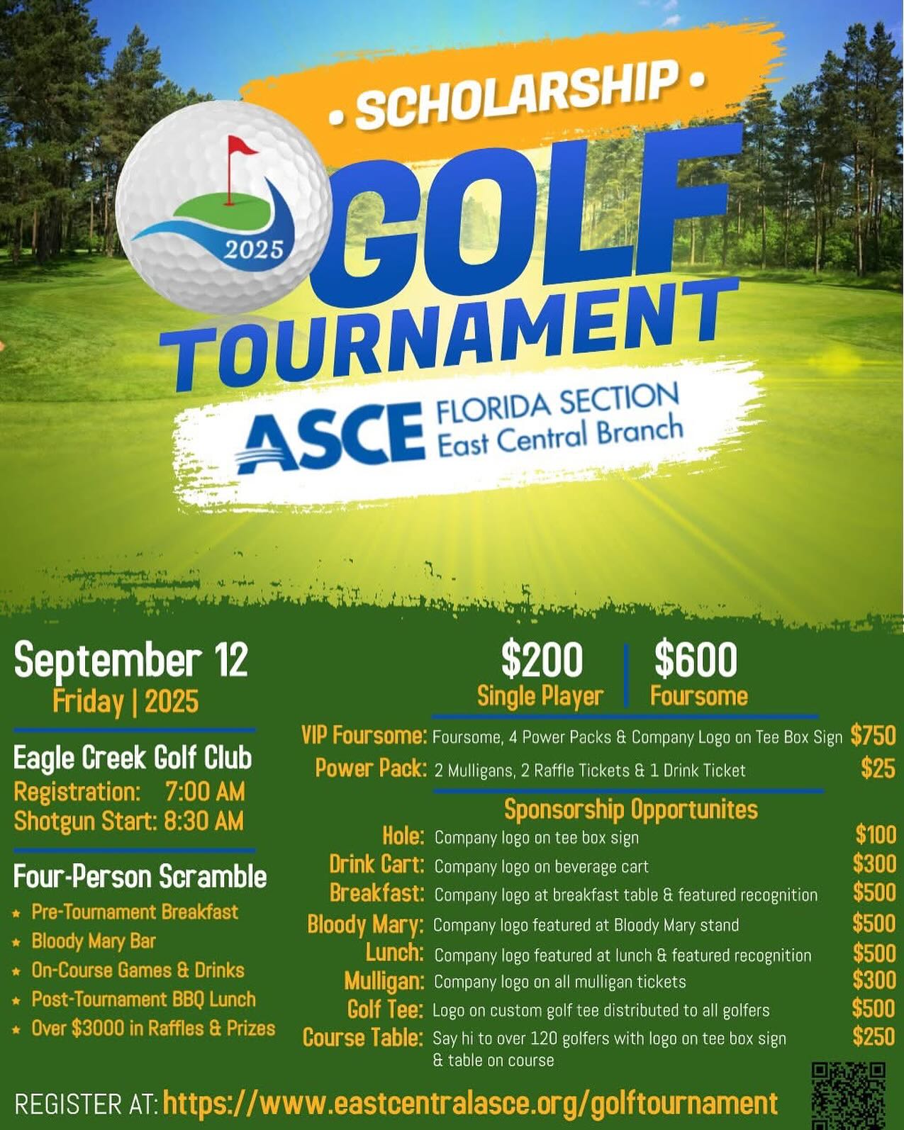 We are excited to announce that registration is officially open for the East Central Branch Scholarship Golf Tournament! We plan on shaking things up this year with a change in venue, new on-course games and prizes, more opportunities to sponsor the event including several additional on-course company tables and a Bloody Mary Bar to get things started! The tournament is planned for a shotgun scramble starting at 8:30 AM on Friday September 12th at the Eagle Creek Golf Club in the Lake Nona area.
For more information and to register, please visit the link in our bio!