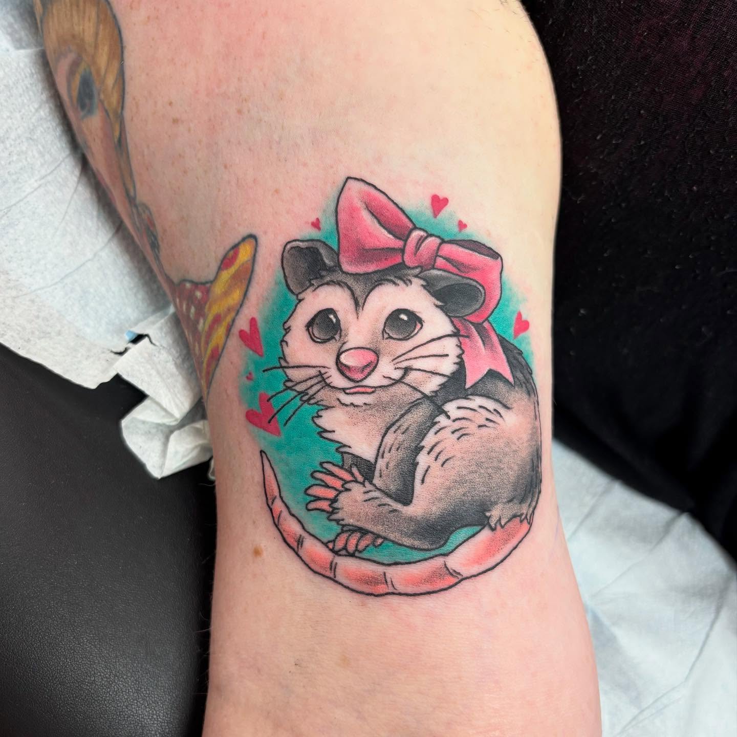 The darned CUTEST opossum that I got to tattoo last week before going to Toronto! Thanks for the fun one, Ellie! Always down for stuff like this. #tattoo #possumtattoo #opossumtattoo #possum #cute #kawaii #colortattoo #cutetattoo #queertattooartist