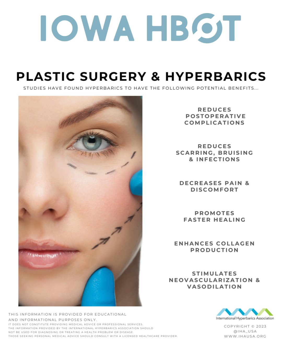 Check out this blog on Plastic Surgery & Hyperbarics.
https://www.iowahbot.com/post/plastic-surgery-hyperbarics
Considering or recovering from plastic surgery? Studies show Hyperbaric Oxygen Therapy (HBOT) may help support recovery with these potential benefits:
- Reduces postoperative complications
- Reduces scarring, bruising & infections
- Decreases pain & discomfort
- Promotes faster healing
- Enhances collagen production
- Stimulates neovascularization & vasodilation
HBOT can be a powerful ally in your healing journey.
Call us at 515-421-4018 to book a free consultation.
#PlasticSurgeryRecovery #HBOT #HyperbaricOxygenTherapy #HealingSupport #PostOpCare #IowaHBOT #CollagenBoost #NaturalHealing #Hyperbarics #WoundHealing