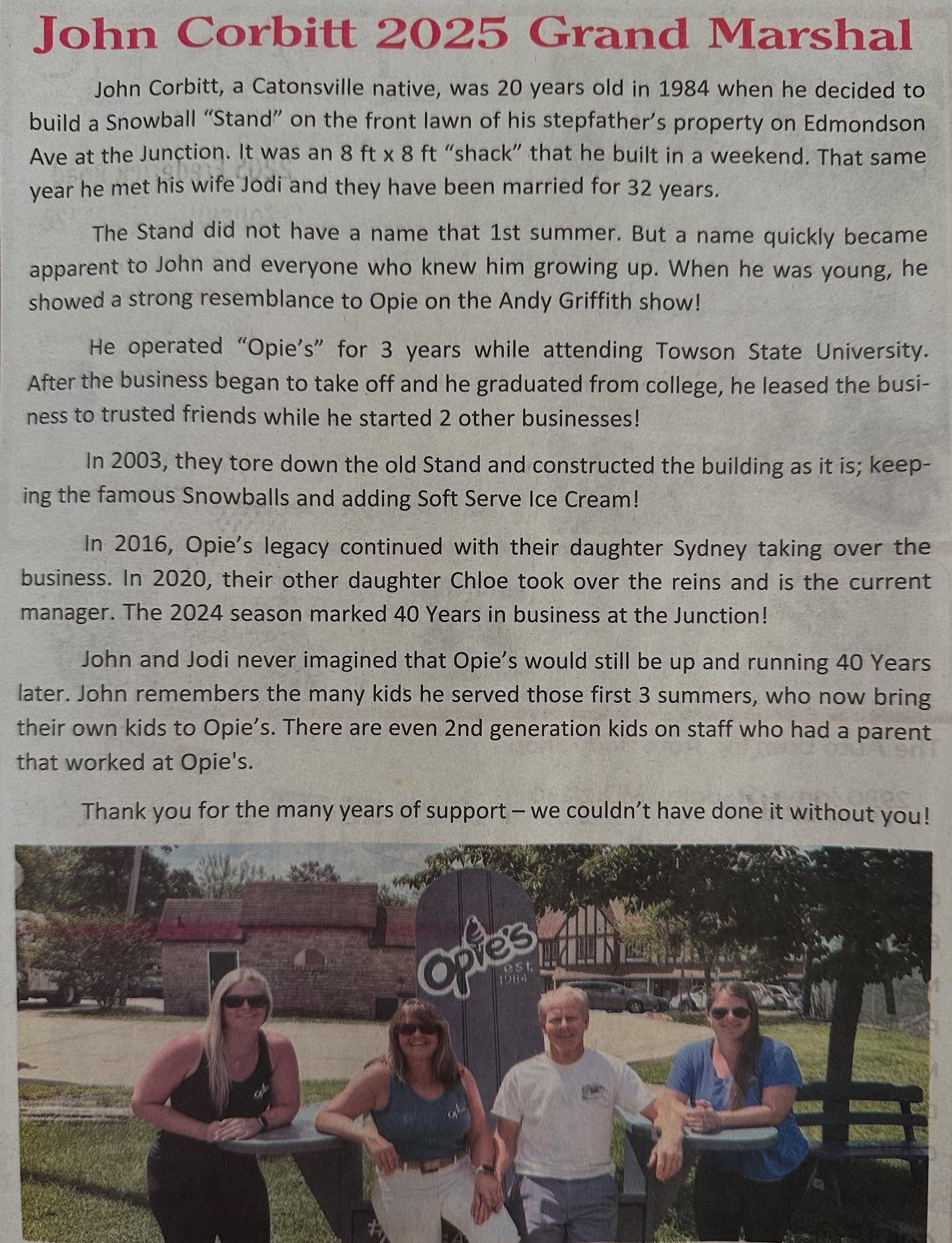 Congratulations to OPIE on being named Grand Marshal for 2025!🎉🥳👏🏻
What an incredible honor and a well-deserved recognition. Your hard work, leadership, and love for the community never go unnoticed. Thank you for everything you do, we wouldn’t be here without you!!
