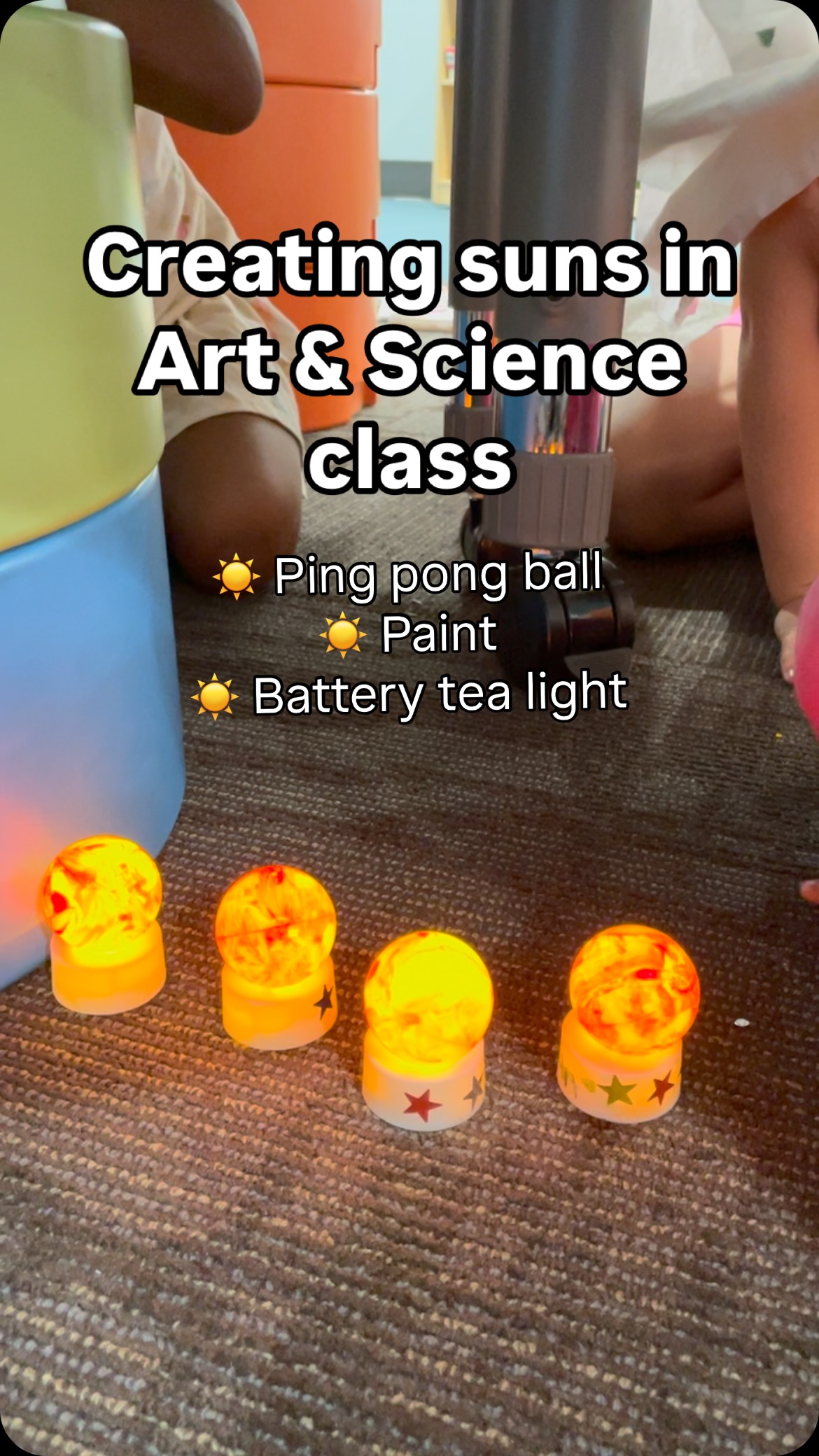 To try this at home, just cut holes in the bottom of ping pong balls and place them on battery-operated tea light candles. The kids can paint them yellow and red to look like real suns! They make wonderful nightlights..
.
.
#homeschoolfamily #homeschoolkids #artandscience #homeschooling #unschooled #playbasedlearning #interestbasedlearning #homeeducation #homeschoolart #homeschoolscience #kidsartinspiration #sunscience #kidsartclasses #eastvalleymoms #tempe #arizona