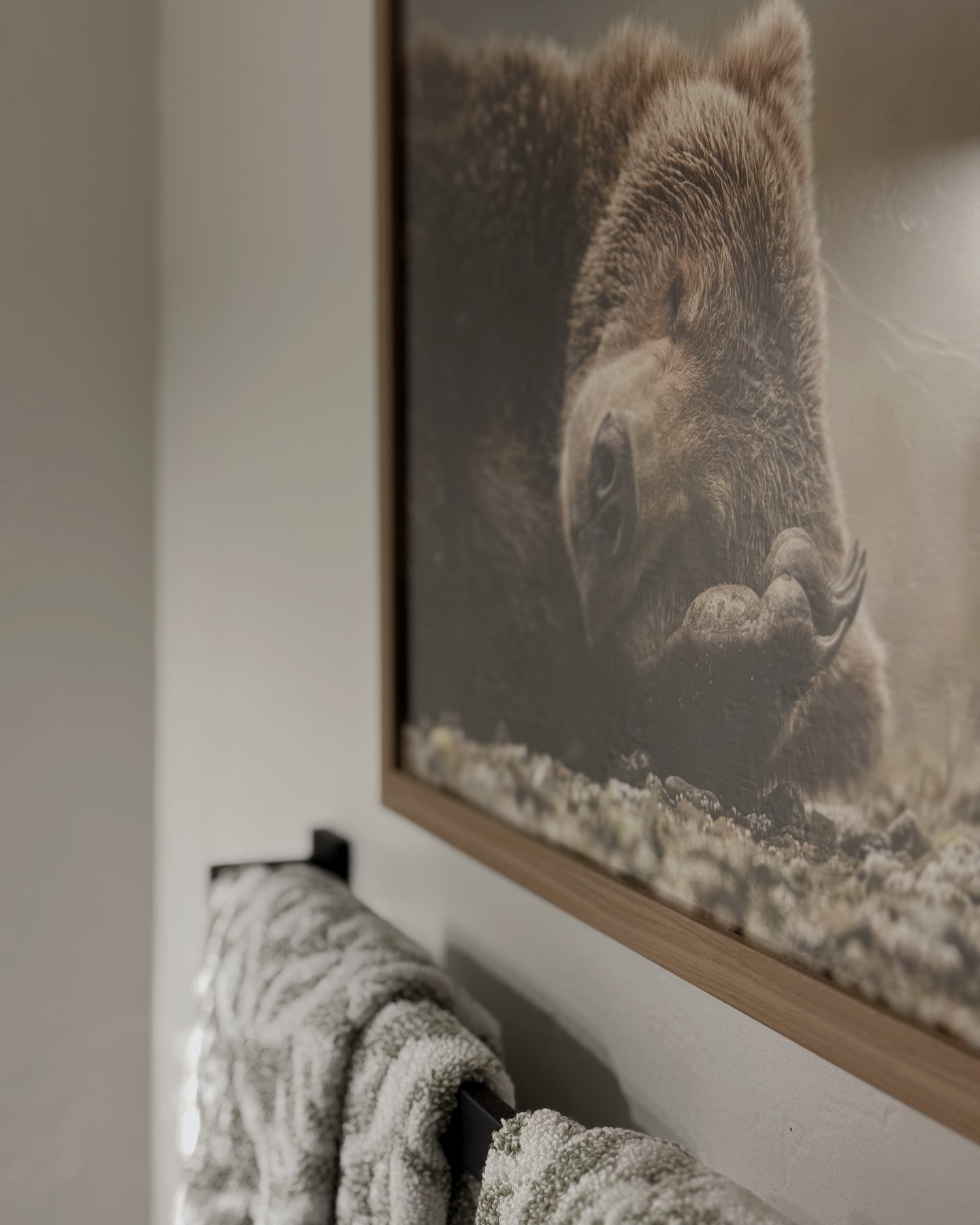 Our favorite way to see a grizzly… asleep and framed on the wall.
No sudden movements and no bear spray required. Kinda like bear country but with better lighting and hand soap.
We love how cozy this little bath turned out. Textural, warm, and just the right touch of wild.
#1889designs | #Mountainbathroom #montanadesign #greentextures