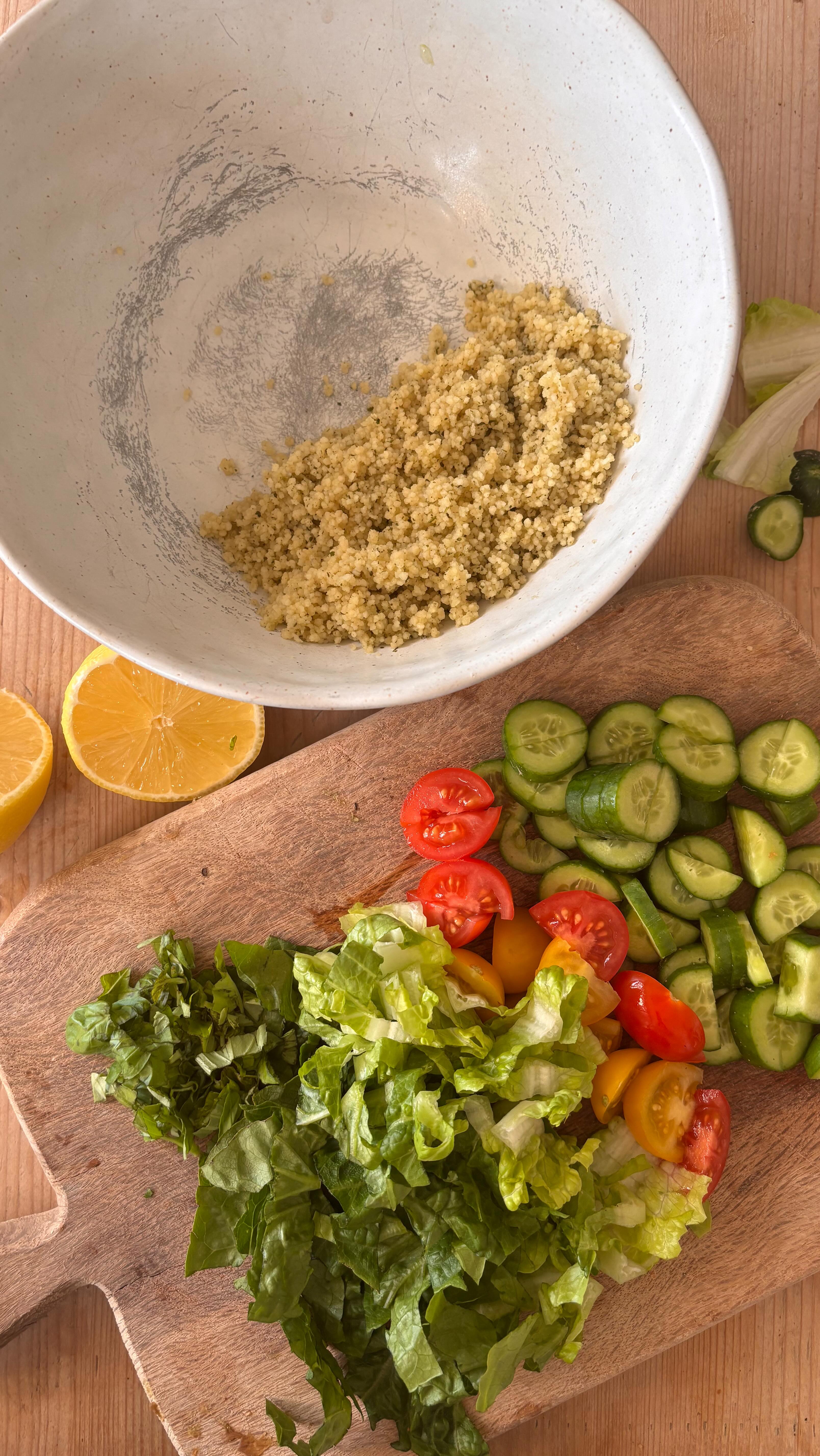 The Mousifer Summer Salad N1
. Lemon couscous (couscous with grated lemon)
. Chopped mini cucumbers because they have more flavour
. Chopped cherry vine toms
. Chopped Gem lettuce or whatever you fancy
. Crumbled feta for rich tartness
. Mini mozzarella balls for texture
. Toasted pumpkins seeds bcos they are the best
. Blueberries, because I love fruit in salad and they are ripe and sweet
. Lemon juice, olive oil, pomegranate syrup
Ta da!
Add your protein of choice…for a more substantial bite 🫦