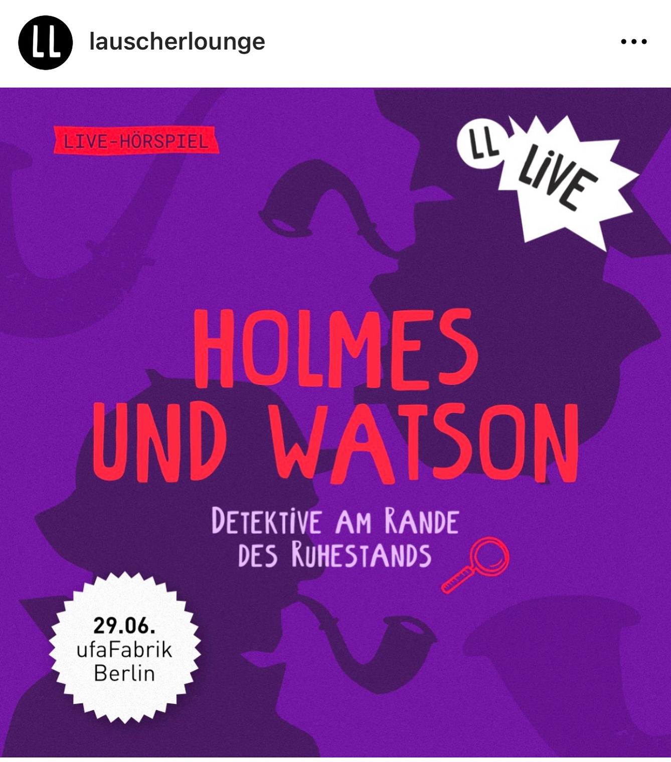 🔎 Hurra Berlin, Hurra! Nach der ganzen Vortrags-Theorie kommt nun endlich wieder die Foley-Praxis.
Hört rein ins nächste @lauscherlounge Live-Hörspiel!
Wird gut!
📌Heute:
Lauscherlounge - Holmes & Watson *Premiere*
Termin Sonntag, 29. Juni 2025, 19:00 Uhr
Ort ufaFabrik - Sommerbühne
Adresse Viktoriastraße 10-18, 12105 Berlin-Tempelhof
@lauscherlounge
#livehörspiel #berlin #geräuschemacher #geräuschemacherin #foleyart #foleyartistry #hörspielliebe #sherlockholmes #womeninsound #soundworks #phd #phdstudentlife #ilovemyjob #sunday
