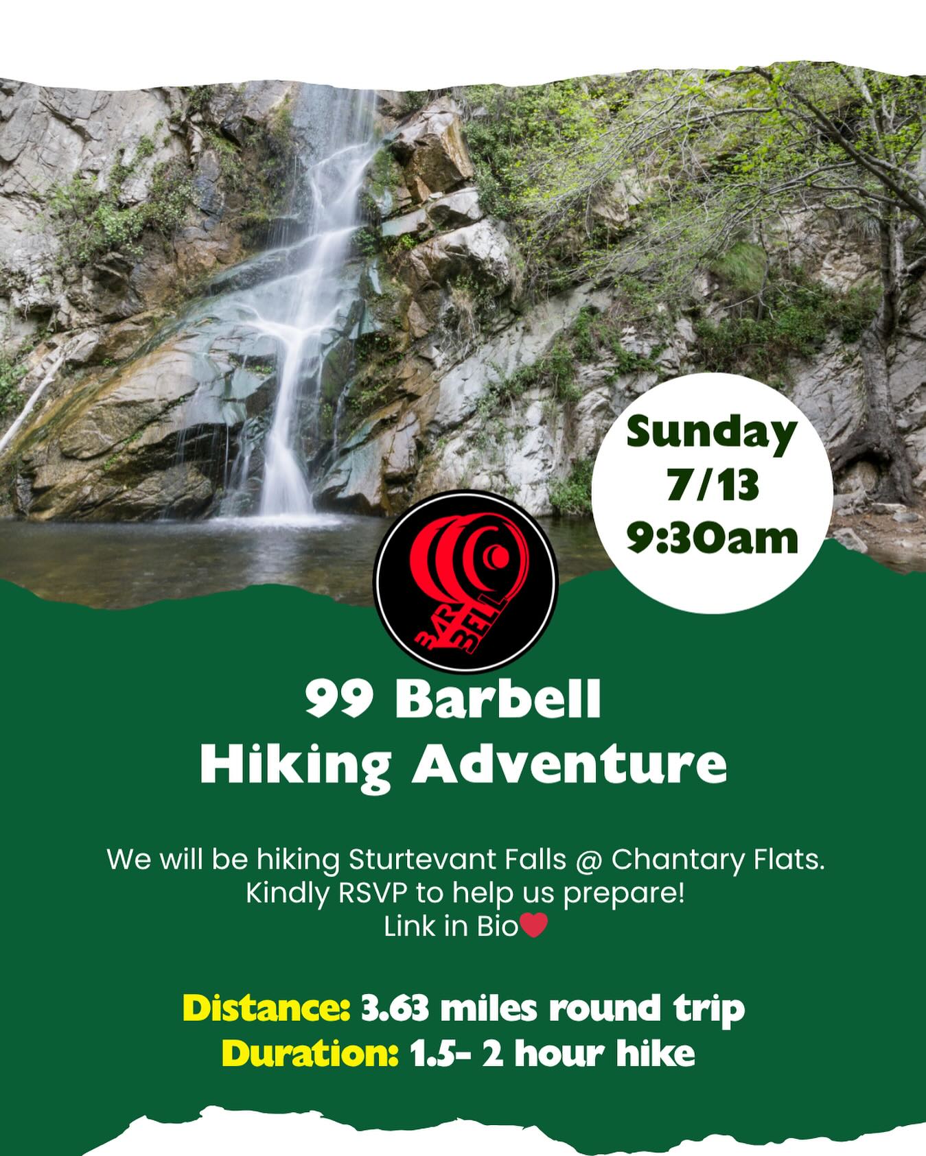 🌳99 Barbell Hiking Adventure 🥾
📍 Sturtevant Falls @ Chantry Flats
🗓 Sunday, 7/13
⏰ 9:30 AM
Join us for a fun summer hike!
✅ Please RSVP so we can prepare accordingly
🚗 Interested in carpooling? Be sure to select that in the RSVP form.
☁️ Date may shift if weather doesn’t cooperate.
👟 Members are welcome to bring friends, family, and furry companions!
📲 Link in bio to RSVP ❤️
#99barbell #hikingadventure #chantryflats #communityhike #summerhike #sturtevantfalls #arcadia