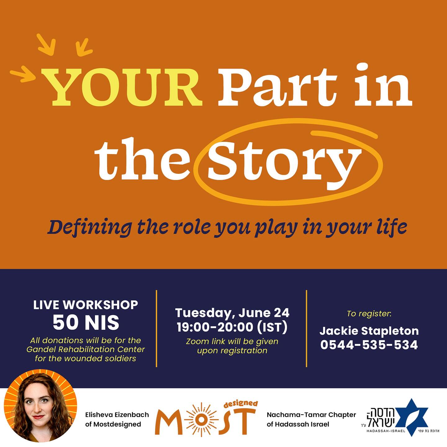 I’m running a 1h workshop this coming Tuesday 😱
👉YOUR Part in the Story:
Defining the role you play in your life
It’s a light yet meaningful intro to branding — not just for businesses, but for anyone wanting to better understand how they show up in the world.
Branding, at its core, is how others perceive and remember you — it’s the story you tell through your actions, values, and presence.
In this workshop, we’ll explore how to shape that story into something more intentional, impactful, and true to you — personally and professionally.
🗓 When: Tuesday, June 24
⏰ Time: 19:00–20:00 (Israel time)
📍 Where: Zoom (link will be given upon registration)
🎟 Cost: 50 NIS – all proceeds donated to the new Gandel Rehabilitation Center for wounded soldiers at Hadassah Hospital
📞 To register: Call Jackie at 0544-535-534
Feel free to join — or share this with someone who might enjoy an hour of reflection, clarity, and creativity. It’s designed for non-designers and non-marketers. Basically real people. Navigating real life.
Wishing you all peace, safety, and sanity in the chaos 🌟
P.S. No prior branding knowledge needed. Pajamas welcome. Cameras optional. Existential questions encouraged.