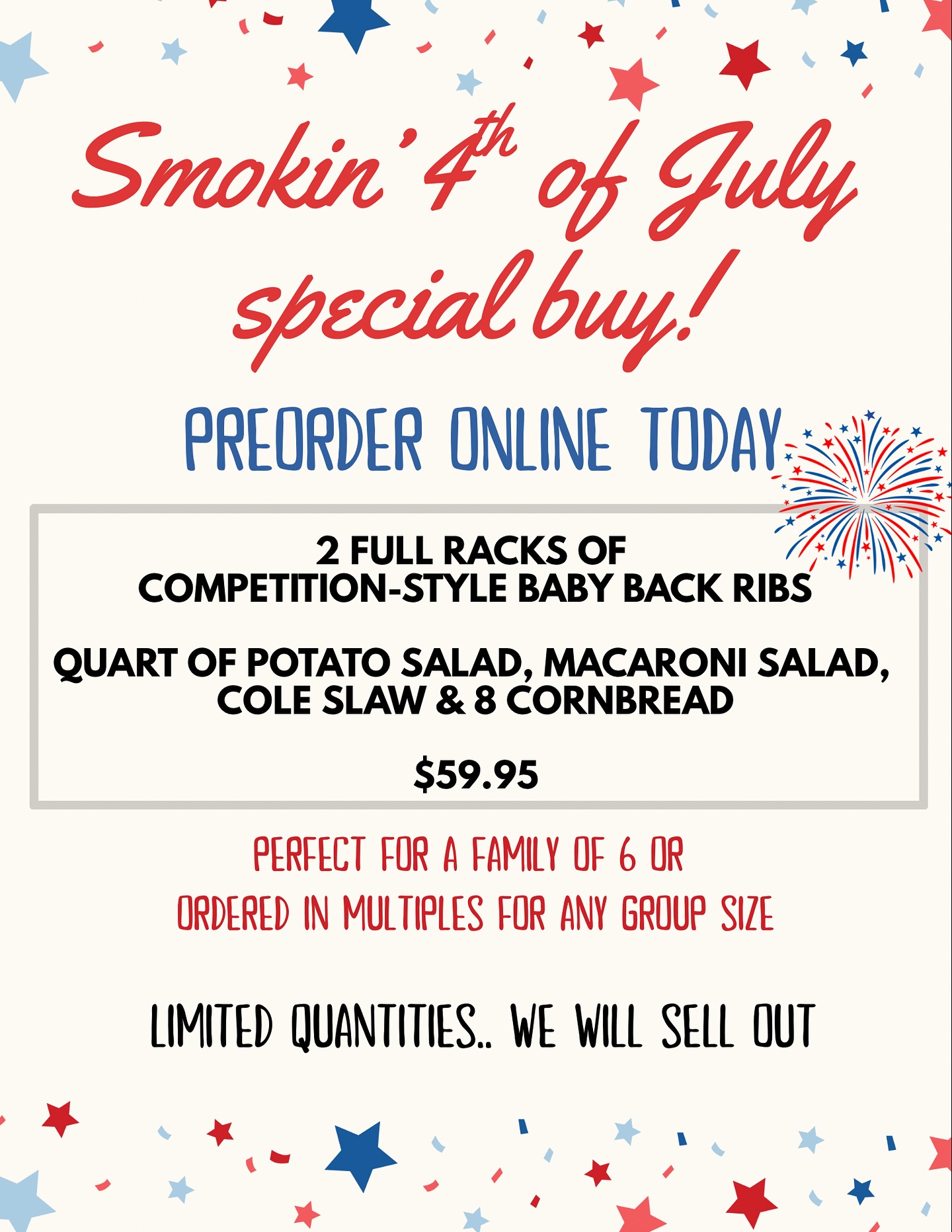 Happy 4th of July!!
Preorders are NOW OPEN ( visit Graciesbbq.com - Order now). This HUGE deal will sell out!! đĽđşđ¸