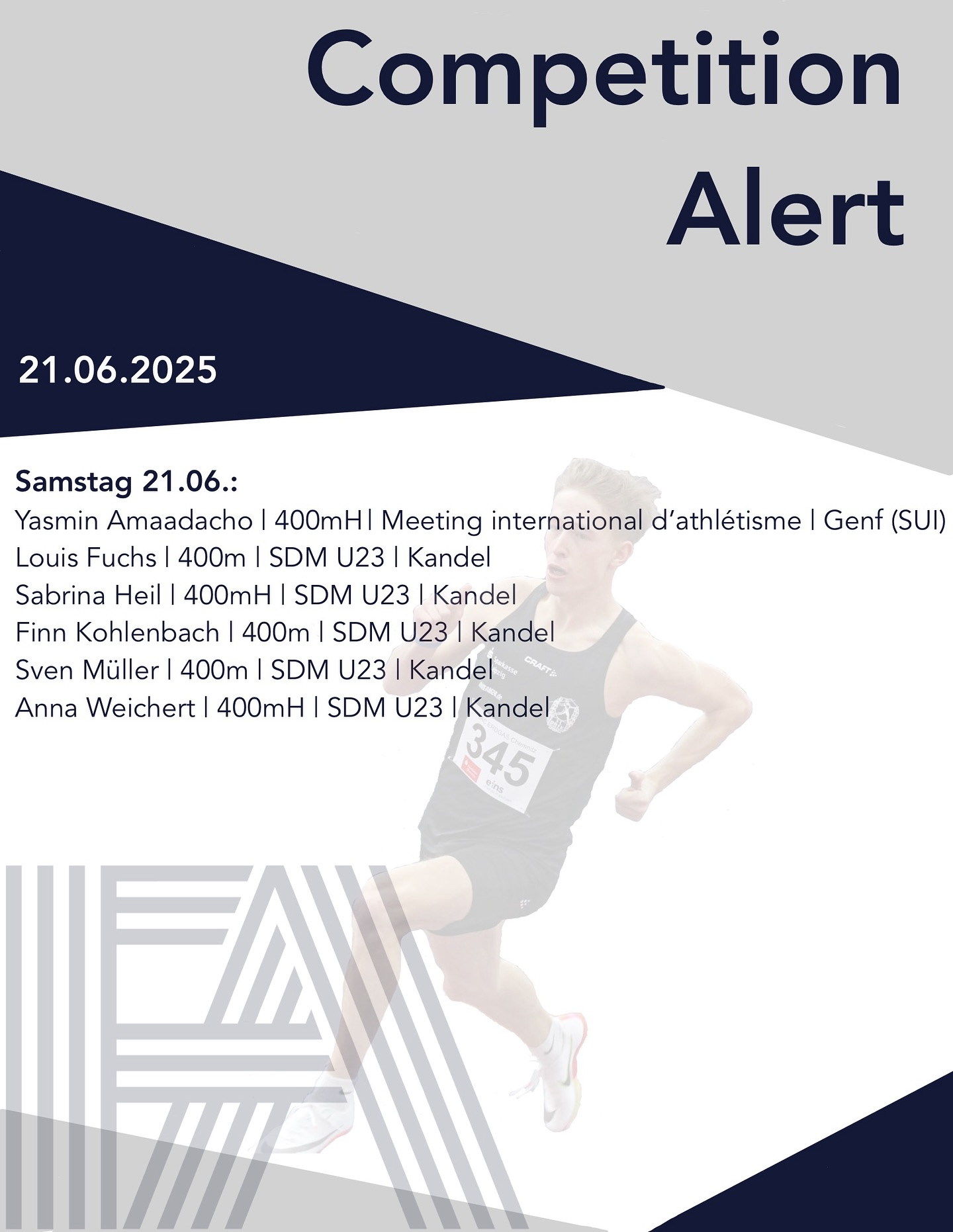 Auch dieses Wochenende haben wir wieder einige Athleten am Start 🏃♂️🏃♀️:
.
@yasmin.amaa geht in Genf über 400mH an den Start 🚧⚡️.
In Kandel finden die Süddeutschen Meisterschaften der U23 statt und dort sind wir direkt mit 5️⃣ unserer Athleten am Start:
Über 400m der männlichen U23 gehen @__louisfuchs__ , @sven_mr04 und @finn.koh auf Zeiten-Jagd ⚡️🔥!
Ein wenig später gehen dann @sabrina.heil und @anna_14_03 über 400mH der weiblichen U23 auf die Bahn 💥🌪️.
.
.
Wir wünschen allen Athleten viel Erfolg und sind gespannt, was das Wochenende mit sich bringt 🍀🙌!
.
.
#frankfurtathletics #fa #germanyathletics #faster #higher #further