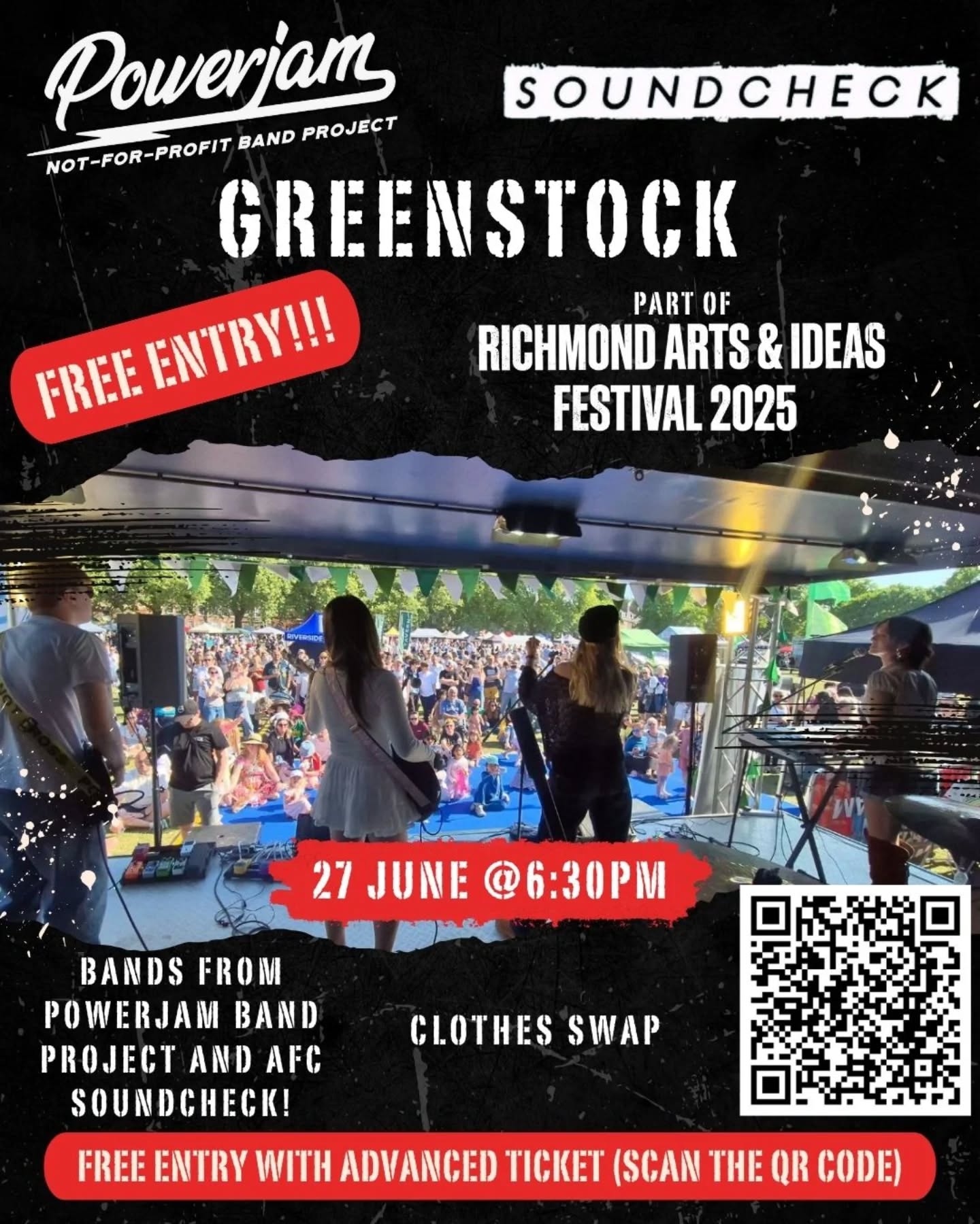 FREE entry this Friday night at Heatham House Stage Venue for a @richmondartsandideas event with live young local bands from @powerjam_band_project plus AFCsoundcheck & a recycled clothing swap!! Bring your unused clothes, revamp your wardrobe, and dance the night away! All ages are welcome so get your free ticket in our bio or by scanning the QR code now!
@afc_heathamhouse #Richmondartsandideas #artsandideas #culturalreforesting #youthmusic #youthwork #powerjambandproject #heathamhouse #powerjam @afc_soundcheck #artsandideasfestival #Richmonduponthames #twickenham #clothesswap
