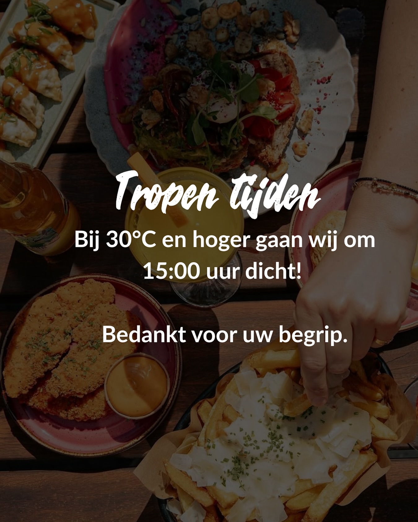 🌞 LET OP 🌞
Tropische temperaturen = tropenrooster! 🥵
We sluiten vandaag en komende dagen om 15:00 uur.
Geniet van de zon! 🌴🌺