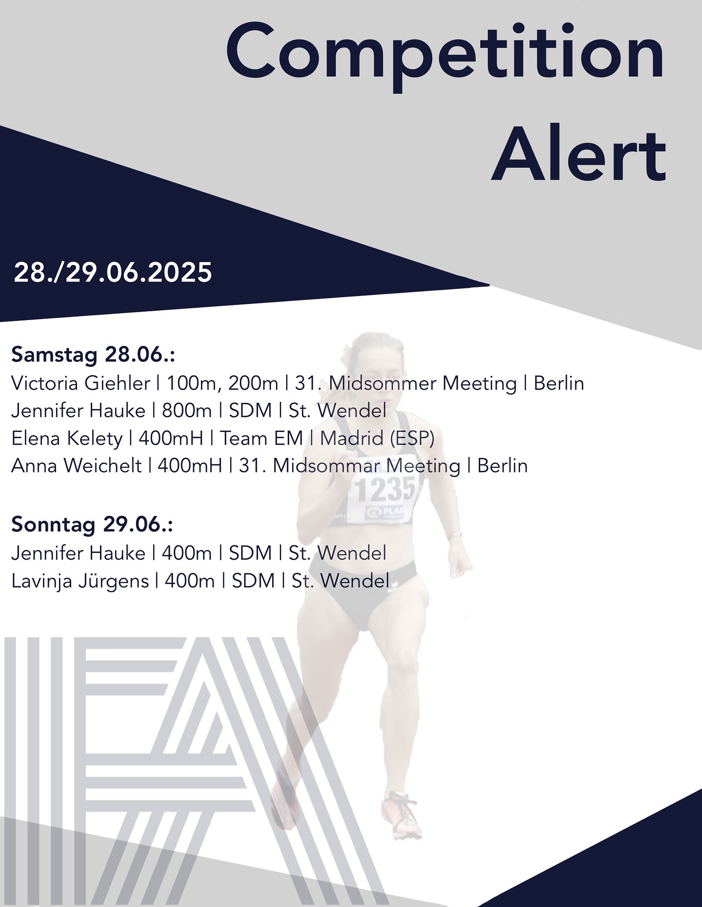New week - new competitions 🔥
Am heutigen Samstag geht es in Berlin beim Midsommer Meeting für @vicky.ghlr und @anna_14_03 auf die Jagd nach schnellen Zeiten ⚡️🙌.
Bei den süddeutschen Meisterschaften greift @jenniehauke über 800m ins Geschehen ein und heute Abend geht dann @elena.kelety im Nationaltrikot beider Team EM an den Start 💥💪!
Morgen steht dann für Jennifer der zweite Start auf dem Programm, diesmal über 400m, bei denen ebenfalls @lavinjajurgens antritt ⚡️🔥.
.
.
Wir freuen uns auf tolle Ergebnisse und wünschen viel Erfolg!
.
.
#frankfurtathletics #fa #germanyathletics #faster #higher #further