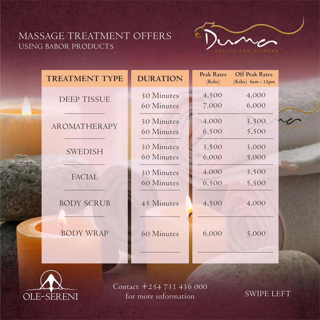 When the city feels overwhelming, escape to the serenity within it! From soothing massage treatments to exceptional spa services, our spa catalogue is your guide to total relaxation.Book your appointment today by calling +254 731 436 000.#OleSereni #DumaSpa #BestHotelInNairobi