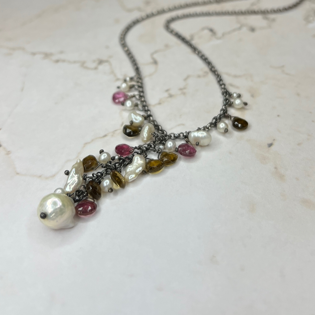 Multi-tourmalines and freshwater pearl necklace #amycashjewelry #handmade #jewelry