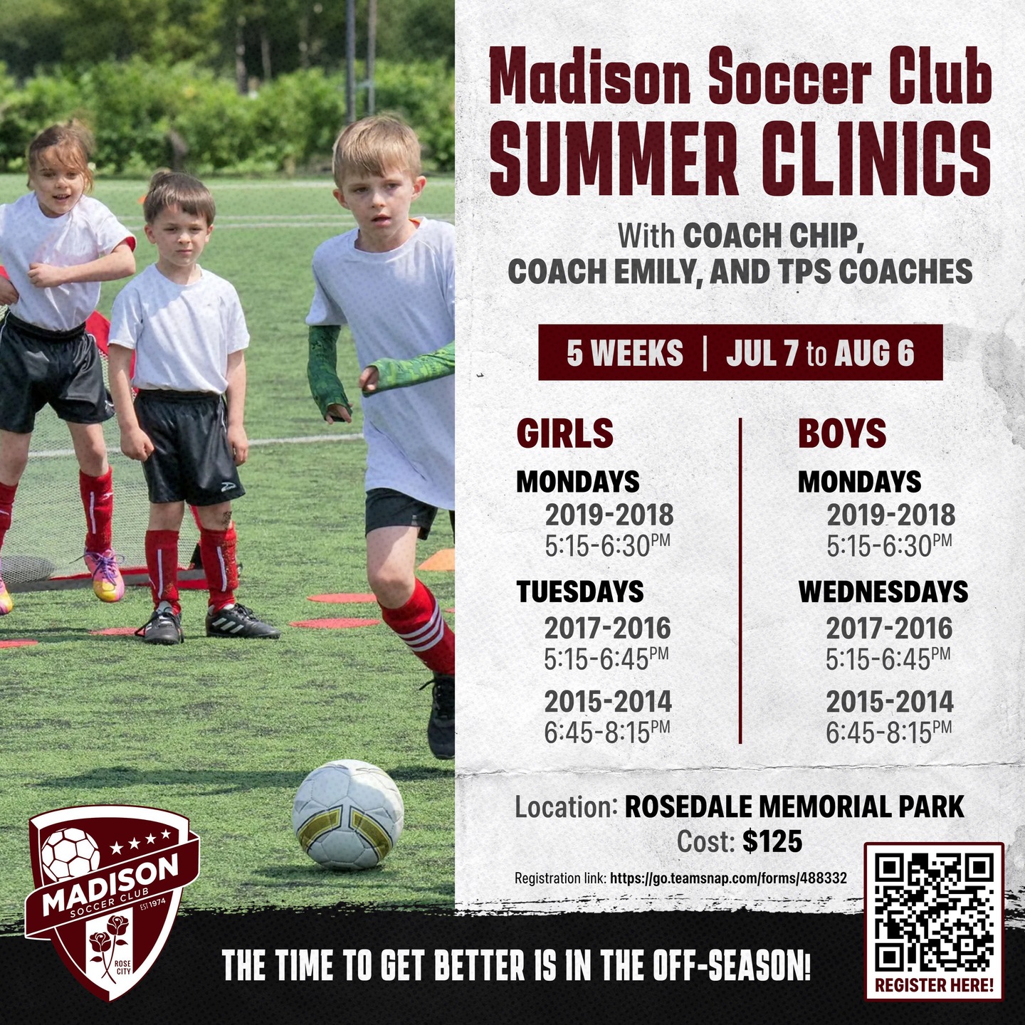 ⚽🔥 Summer just got better!
Join the Madison Soccer Club Summer Clinics starting July 7 — 5 weeks of skill-building, fun, and top-tier coaching with Coach Chip, Coach Emily, and the TPS crew! 👟⚽
📍 Rosedale Memorial Park
💰 Only $125
📅 Age-specific sessions for boys & girls born 2019–2014
Don’t miss your chance to level up your game this summer! 💪
📲 Scan the QR code to register now.