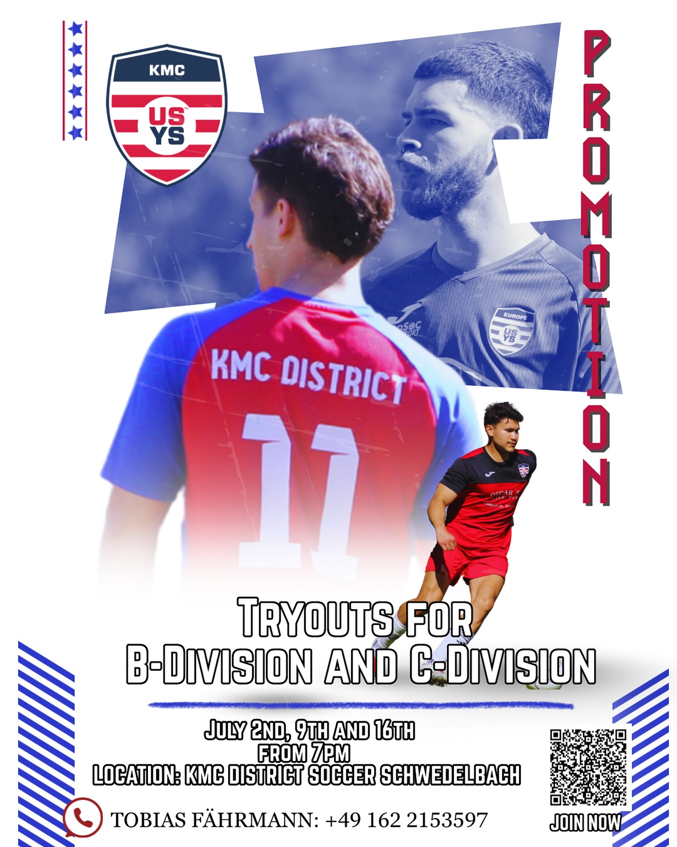 KMC Men’s Team Tryouts
Looking to join a solid squad and play some competitive soccer? Come out to our tryouts!
When: July 2nd, 9th, and 16th
Time: 7:00 PM
📍 Where: KMC District Soccer, Schwedelbach
⚽ Teams: B-Klasse & C-Klasse
Whether you’re new to the area or just looking for a team to run with — we’d love to see you out there.
📞 Questions? Contact Tobias Fährmann: +49 162 2153597 Or scan the QR-Code
_______
#menssoccer #kmc #usys
