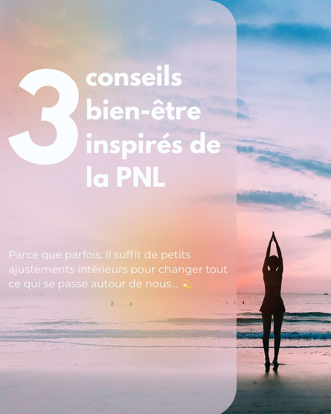 🌿 3 conseils bien-être inspirés de la PNL 🌿
Parce que parfois, il suffit de petits ajustements intérieurs pour changer tout ce qui se passe autour de nous… 💫
✨ 1. Change tes mots, change ton monde
Ce que tu te dis intérieurement influence ton humeur, tes décisions, ta confiance.
➡️ Passe de « Je n’y arriverai jamais » à « J’apprends encore, et je progresse ».
La PNL nous montre à quel point le langage structure notre réalité.
✨ 2. Mets-toi dans un bon “état ressource”
Un bon souvenir, une sensation de calme, un moment de fierté…
➡️ En PNL, on apprend à reconnecter ces états positifs sur commande. Tu peux t’y ancrer à chaque fois que tu en as besoin 💪
✨ 3. Observe sans juger, pour mieux comprendre
Quand quelque chose t’agace chez l’autre (ou chez toi), au lieu de réagir, pose-toi une question :
➡️ « Qu’est-ce que cette réaction dit de mes besoins ou de mes croyances ? »
La PNL aide à transformer les tensions en prises de conscience.
🌟 Le bien-être, ce n’est pas fuir les émotions, c’est apprendre à les lire et à s’en servir comme boussole 🧭
💛 Et si tu veux aller plus loin, je t’accompagne en séance PNL pour mieux te connaître, t’apaiser et avancer concrètement
