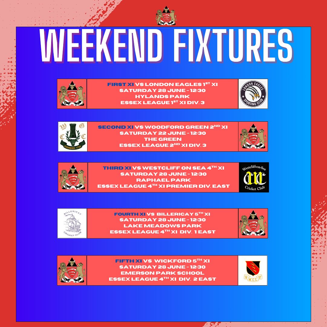 Saturday Teams
1s Vs @london_eagles_sc
2s @woodfordgreencc
3s Vs @westcliff_cricket
4s @billericaycc
5s Vs @wickfordcc