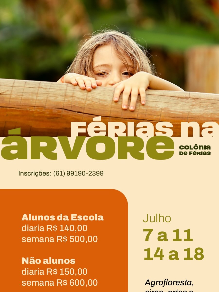 * Férias com corpo em movimento e pés no chão •
Uma colônia de férias para as crianças colocarem as mãos na terra e olhos no ciclo da vida, para experimentarem, criarem e se expressarem com *agrofloresta, circo, robótica, dança e artes*.
Mais do que ocupar o tempo, queremos nutrir a infância com presença, afeto e liberdade de explorar.
Semana 1: 7 a 11 de julho
Semana 2: 14 a 18 de julho
14h às 18h, para crianças a partir de 3 anos
Inscrições abertas | Vagas limitadas
(61)99190-2399