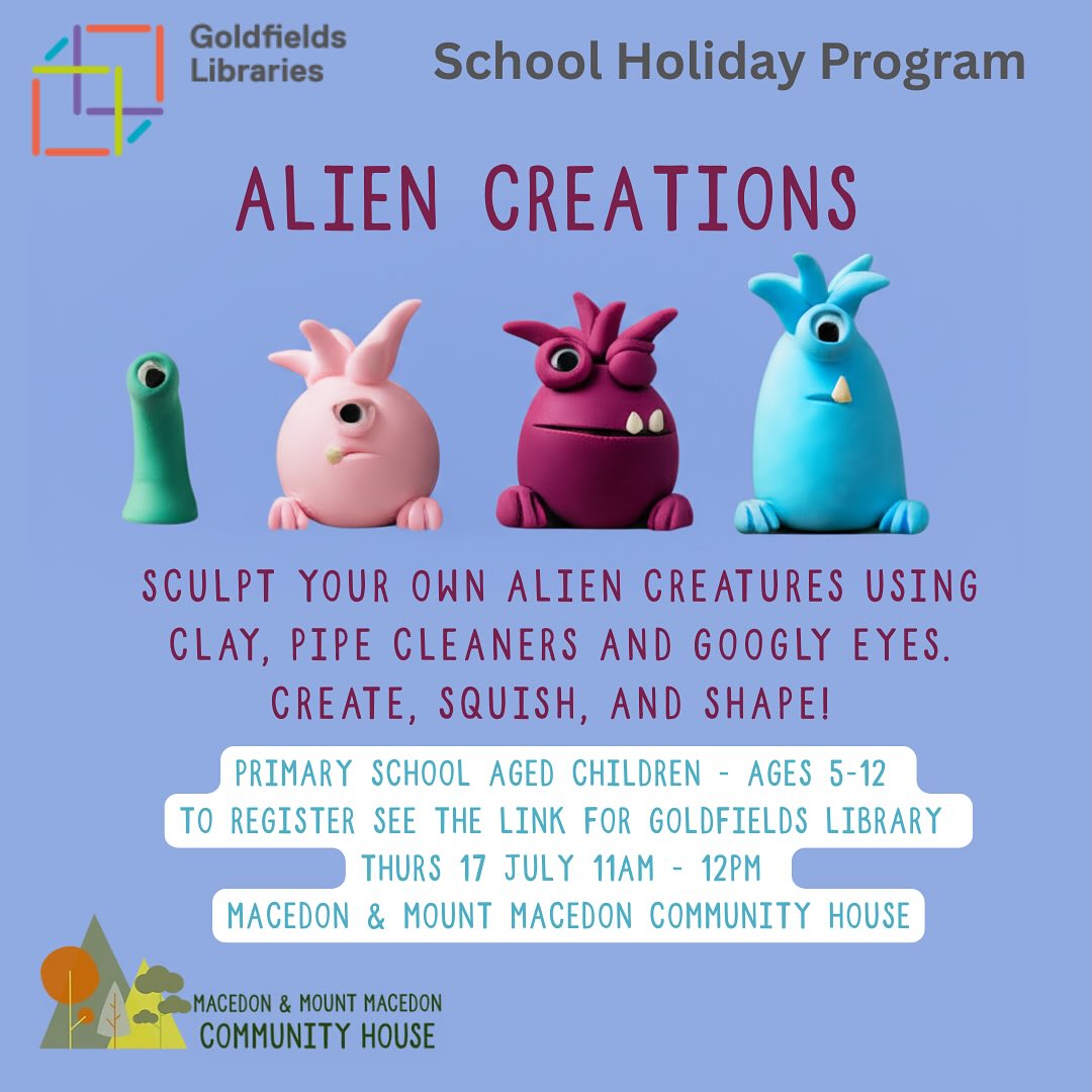 Join us at the House for school holiday fun - thanks to the Goldfields Libraries! Register at https://www.ncgrl.vic.gov.au/school-holiday-program/ and see you all at 47 Victoria Street Macedon.