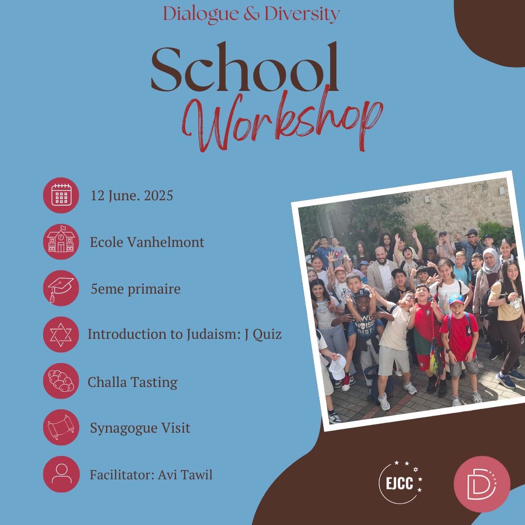 Last week, we had the pleasure of welcoming the final school visit of this academic year with École Vanhelmont!
Avi led a meaningful workshop, offering an introduction to Jewish culture and sharing the touching early life story of Holocaust survivor Lea Guterman.
We were truly delighted by this visit — and we’re already looking forward to many more inspiring encounters in the upcoming school year!