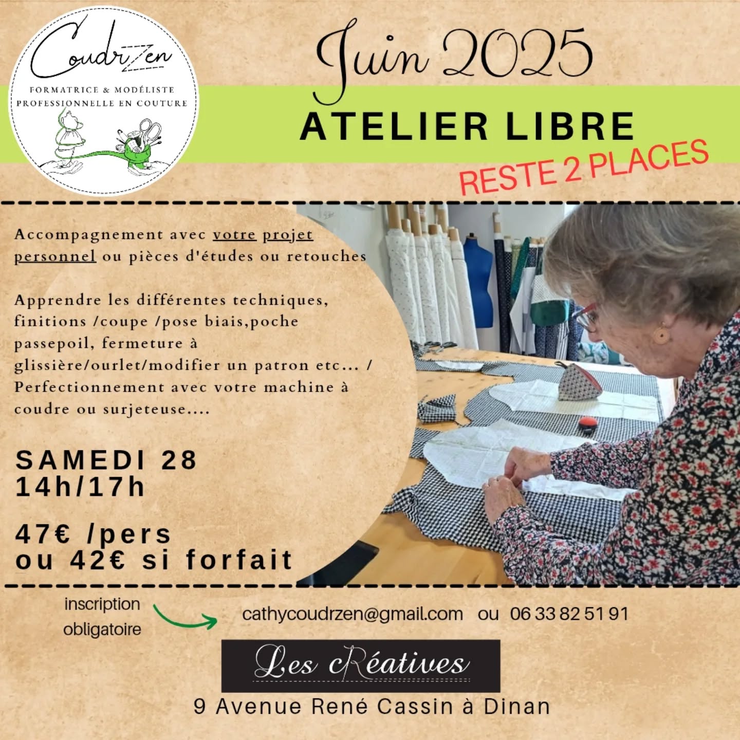 Et oui même si c'est l'été, il est possible de venir en cours de couture pour finaliser un projet ou tout simplement, commencer pour apprendre différentes techniques.
Contactez moi au 06 33 82 51 91 ou cathycoudrzen@gmail.com
Reste 2 places 😃