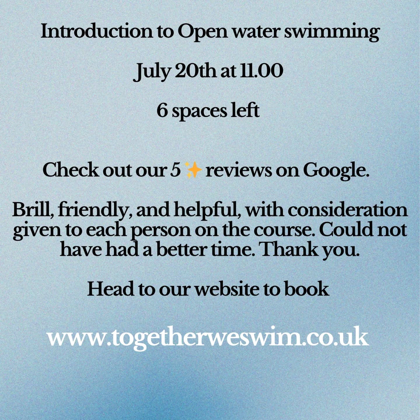 ! New Session !
Due to Popular Demand – New Session Added!
Introduction to Open Water Swimming at Burton Farm Cafe
We're excited to announce an additional Introduction to Open Water Swimming session at the beautiful Burton Farm Cafe! If you’ve been thinking about trying open water swimming, now’s your chance to join our growing community of swimmers taking the plunge, and loving it!
🗓 New Session: 20th July at 11.00
📍 Burton Farm Cafe
⏱ Approx. 1 hour 15 minutes session
👥 All abilities welcome – beginners especially!
What you’ll get:
✅ Expert-led coaching in a safe, supportive setting
✅ Tuition on safety, equipment, technique, and confidence in open water
✅ A gentle introduction to cold water acclimatisation, and a swim with a small group of fellow swimmers
✅ A warm, friendly atmosphere — with the opportunity for great coffee and cake afterwards if you so wish !
🎟 Spaces are limited — book early to avoid disappointment!
To book: Togetherweswim.co.uk
Come for the swim, stay for the cake!
#OpenWaterSwimming #BurtonFarmCafe #SwimOutside #TrySomethingNew
