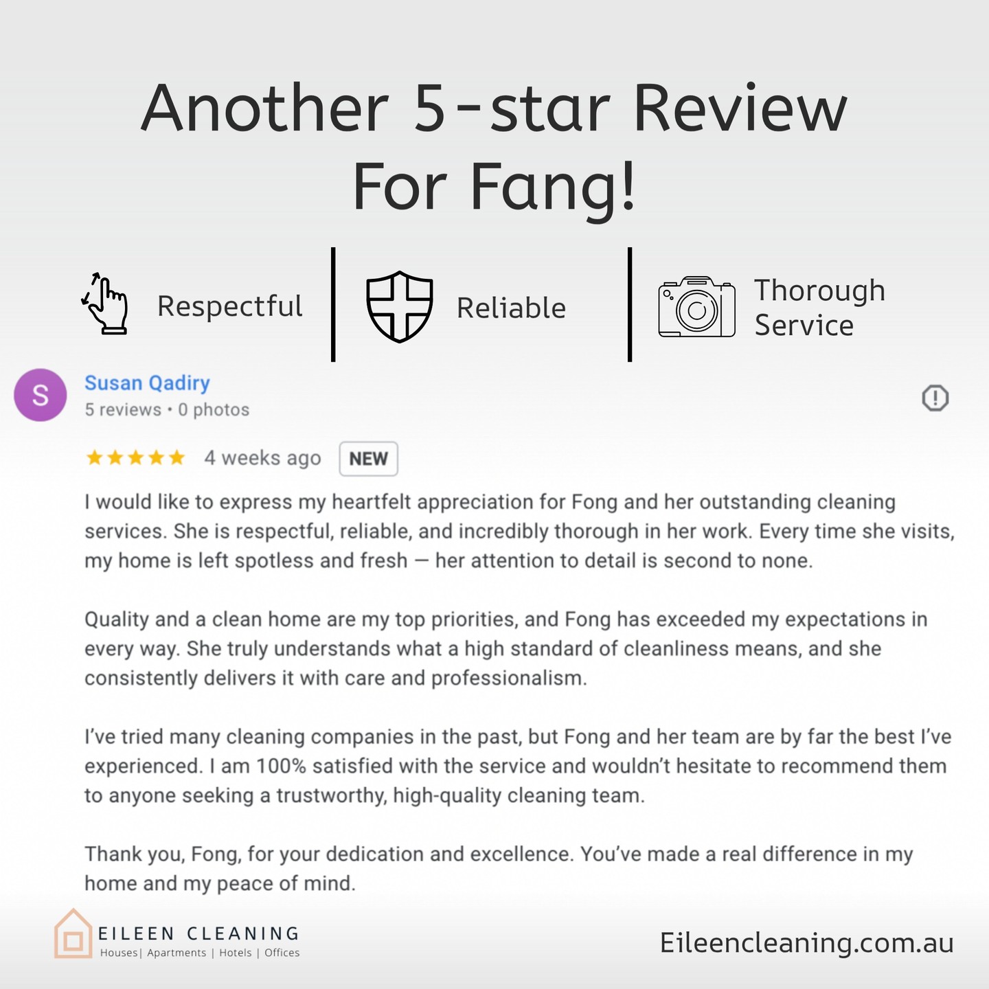 Another 5-star Google review!
Our amazing team, Fang's Team , consistently impress with their meticulous attention to detail and professionalism. 🧹
Investing in professional cleaning not only enhances your living space but also brings peace of mind.
Book now and experience the difference!
#EileenCleaning #Melbournecleaning #Melbournehousecleaning #Melbourneofficecleaning #NDIScleaning #Airbnbcleaning