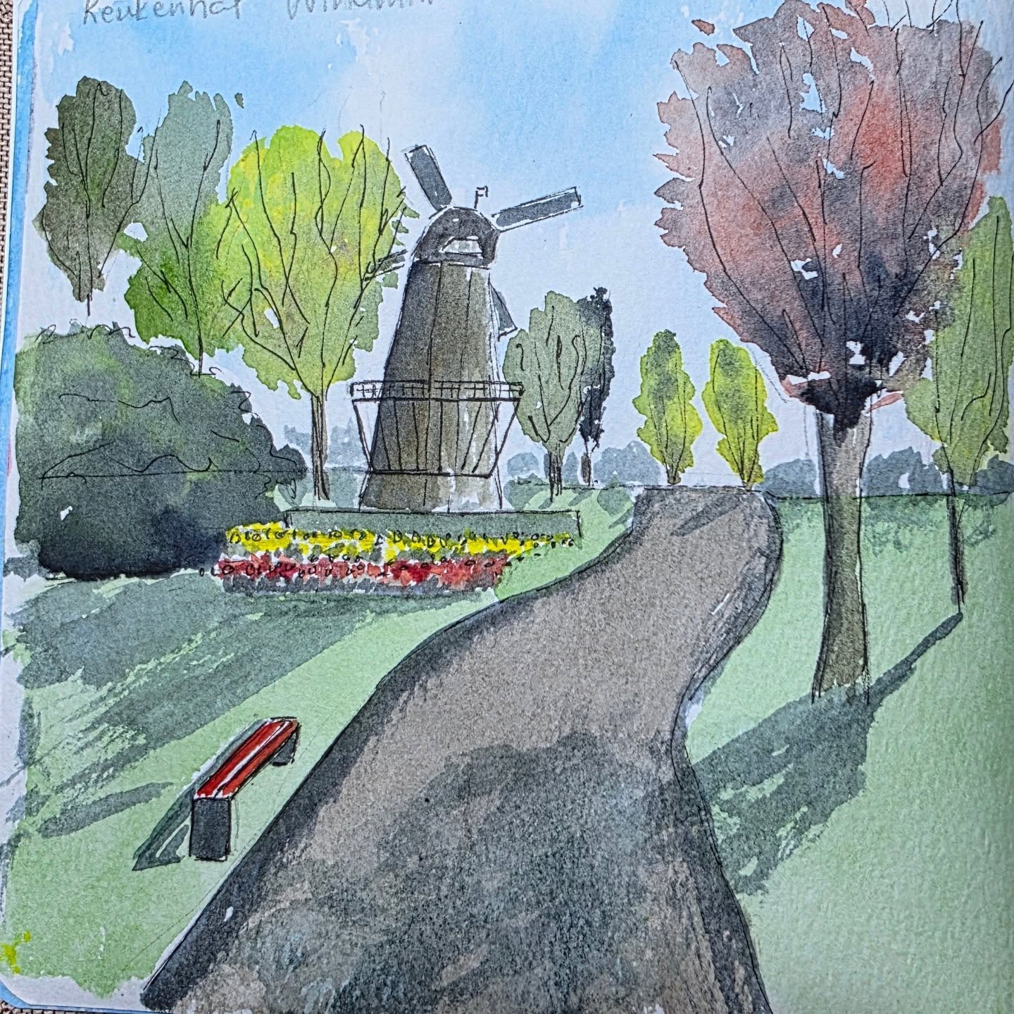 Windmill, Keukenhof Gardens. #watercolour #linework #watercolor #travel #keukenhof #windmill