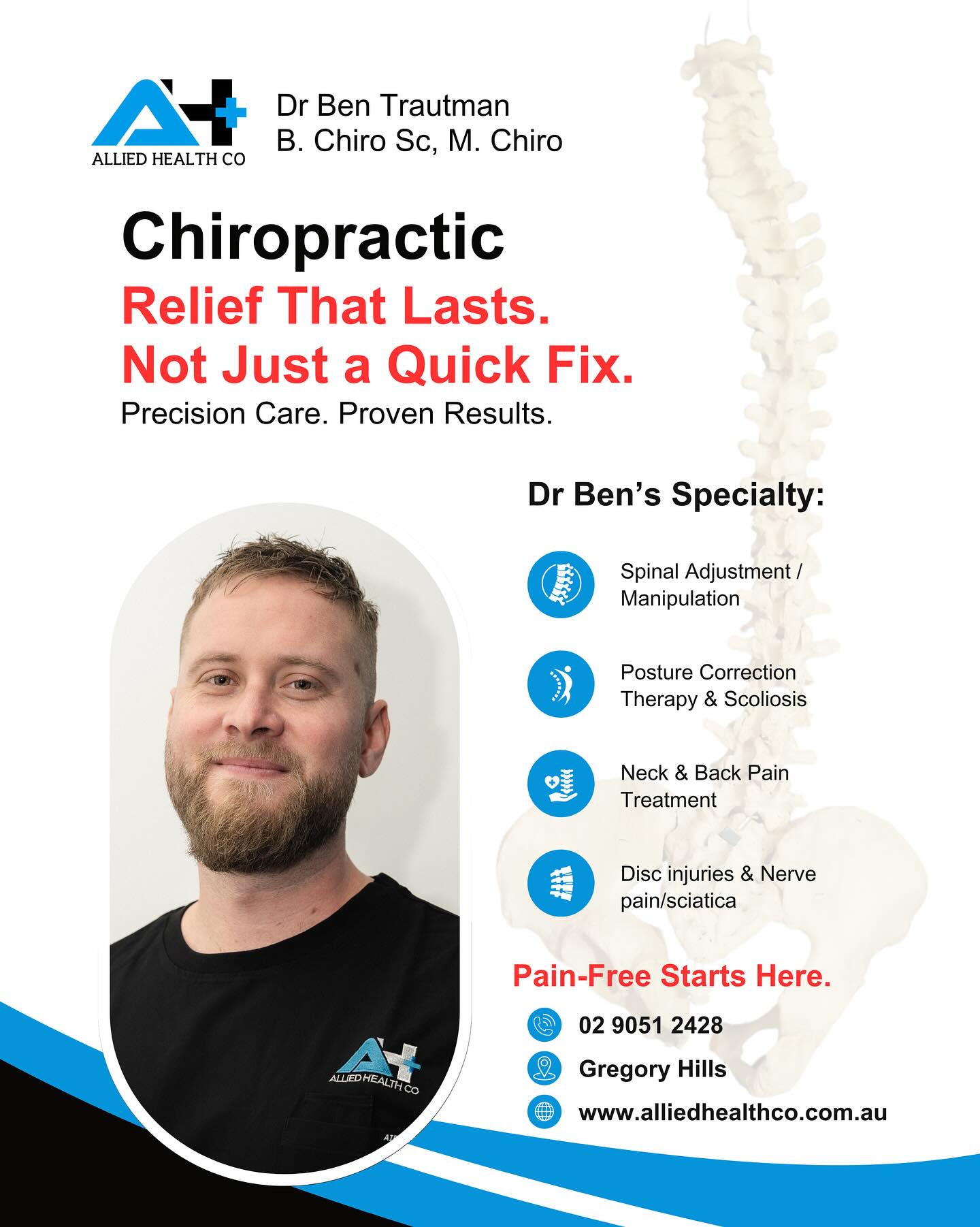 Say hello to Dr Ben Trautman, our highly experienced Chiropractor now available in Gregory Hills! 👋
With over 13 years of clinical expertise, Dr Ben specialises in treating complex spinal issues, disc injuries, nerve pain, and sciatica using a hands-on, results-driven approach grounded in biomechanics. 💥
If you’re dealing with chronic pain or your recovery has stalled — it’s time for a fresh perspective.
🧠 Evidence-based care & Client Education
👐 Personalised treatment plans
🏃♂️ Focused on real, lasting results
📅 Bookings now open – don’t miss out!
🔗 Click the link in bio or call 02 9051 2428 to book your initial consult.
#GregoryHills #Chiropractor #SpineHealth #SciaticaRelief #DiscInjury #ChiroCare #AlliedHealthCo #PainRelief #ChronicPain #MovementMatters