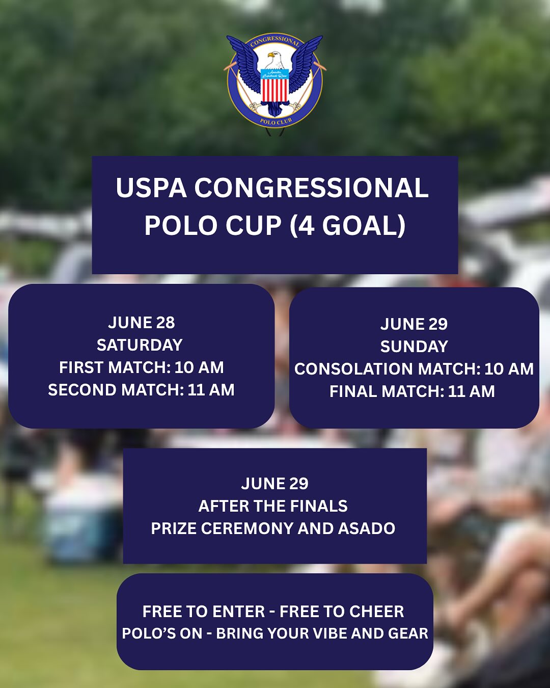 🏇 Polo Weekend at Its Finest!
Join us for a thrilling weekend of polo this Saturday & Sunday at the club — tailgating is free and all are welcome!
📅 Saturday
🏑 Matches at 10 AM & 11 AM
📅 Sunday
🥉 Consolation Match – 10 AM
🏆 Final – 11 AM
🔥 Followed by an Asado & Prize Ceremony
Bring your chairs, coolers, and polo spirit – we’ll see you fieldside!