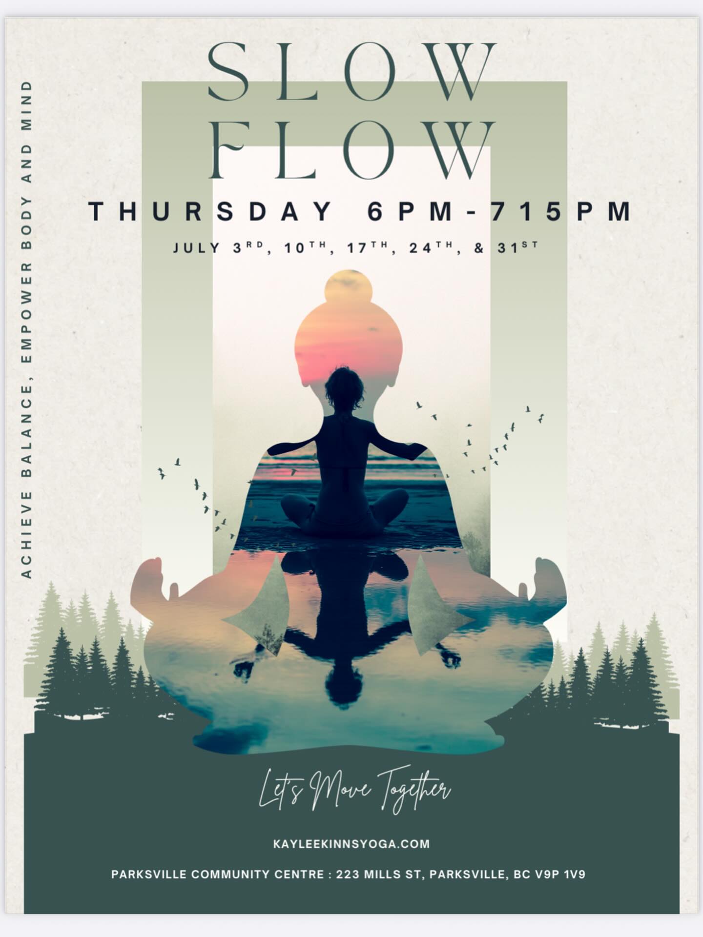 For July, Slow Flow will be offered on Thursday instead of Tuesday evenings. Join at the Parksville Community Centre from 6-715PM.
Don’t let the name ‘Slow Flow’ fool you! This class is a thoughtfully sequenced practice, designed to build a strong and resilient body. We’ll move through a series of poses, focusing on building strength through mindful movement, releasing tension in the fascia, improving mobility, and enhancing balance. The goal is to cultivate a deeper connection between your mind and body, leaving you feeling centered and in touch with yourself.
See you on the mat!!!! 🧘 ✨