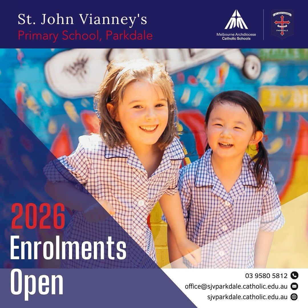 At St John Vianney’s Primary School, community is at the heart of everything we do.
Families, students and staff come together to create a welcoming environment where every child is known and valued.
From school events to everyday moments, there’s always something happening at SJV and always a place for every family to belong.
📍 Enroling now for 2026, Please call the school office for any enrolment queries on 9580 5812 between 8.30am - 4pm, or by emailing office@sjvparkdale.catholic.edu.au.
#sjvparkdale #primaryschool #parkdale #everychildeveryopportunity #sjvtheplacetobe