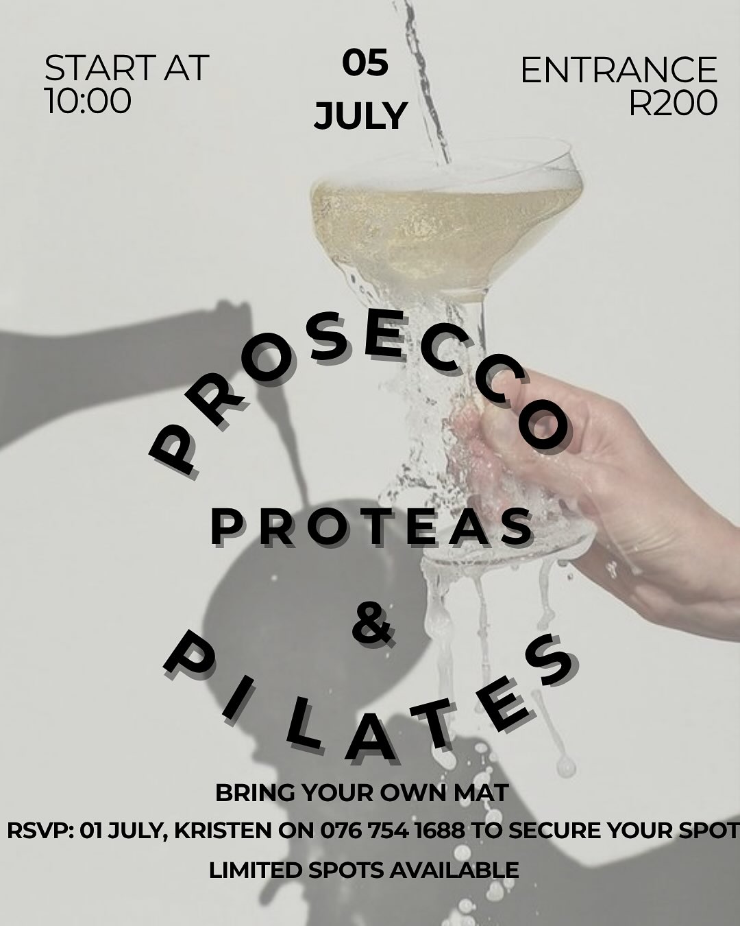 We are doing it again! Join us for Prosecco, Proteas and Pilates on 5 July at 10:00. 🥂
Bring your own mat. 🧘♀️
RSVP 1 July, Kristen on 076 754 1688 to book your spot, R200 pp. Limited spots available!
Brooklyn House 2, Brooklyn Med Park, Brooklyn Circle 📍