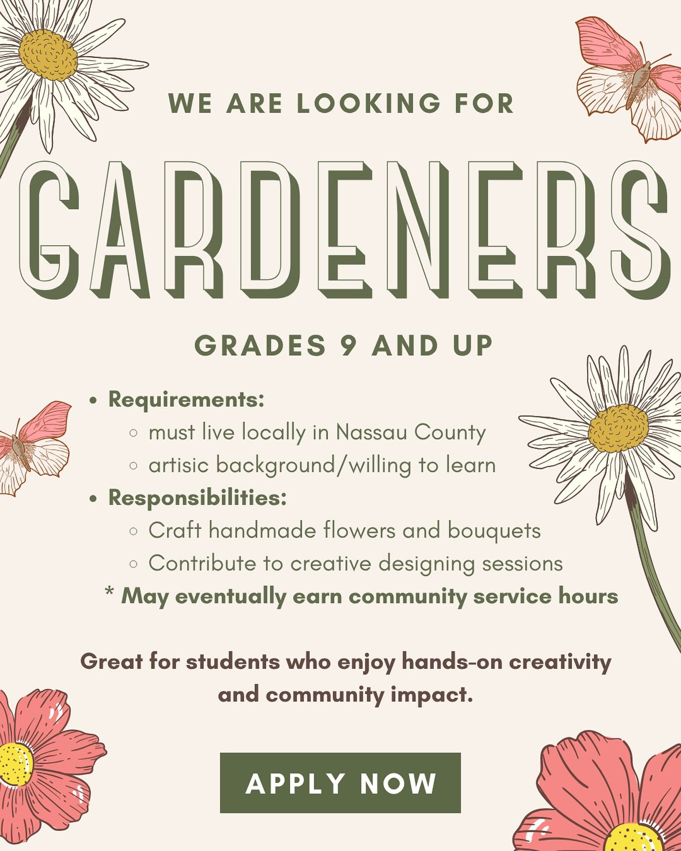 Looking to get involved and make a difference? We are looking for people like you to help us make our forever flowers, aka our gardeners 🪴🤗. Anyone in grades 9 and higher can apply, and those with an artistic background are highly encouraged. Reach out with any questions and apply today by clicking on the link in our bio to make a difference 🌷🌷
#pipecleanerflowers #nonprofitsofinstagram #longislandny