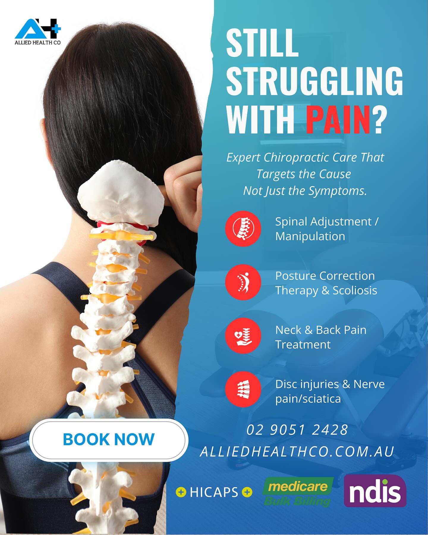 Still Struggling with Pain?
Don’t let back, neck, or nerve pain hold you back any longer. Our expert chiropractors at Allied Health Co target the root cause, not just the symptoms — so you can move better, feel better, and live better.
✅ Spinal Adjustments
✅ Posture & Scoliosis Therapy
✅ Neck & Back Pain Treatment
✅ Disc & Sciatic Nerve Pain Relief
📍 Gregory Hills | 💳 HICAPS | ✅ Medicare Bulk Billing | NDIS Approved
📞 Call 02 9051 2428 or
🌐 Book online at alliedhealthco.com.au
#ChiropracticCare #BackPainRelief #NeckPainTreatment #GregoryHillsHealth #AlliedHealthCo #SciaticaHelp #PainFreeLiving #NDISProvider #MedicareChiro #PostureCorrection