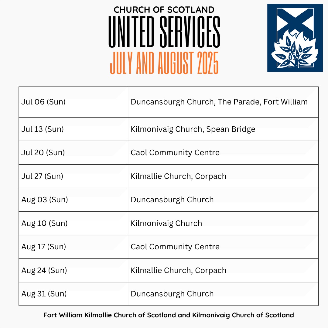 Through July and August we have united services for Fort William Kilmallie Parish and Kilmonivaig Parish bringing together all our locations in one place for worship!🥰 SERVICES WILL BE AT 🕥10:30am. Contact fortwilliamkilmalliecofs@gmail.com for more information or a lift. Here’s where to join worship each week: