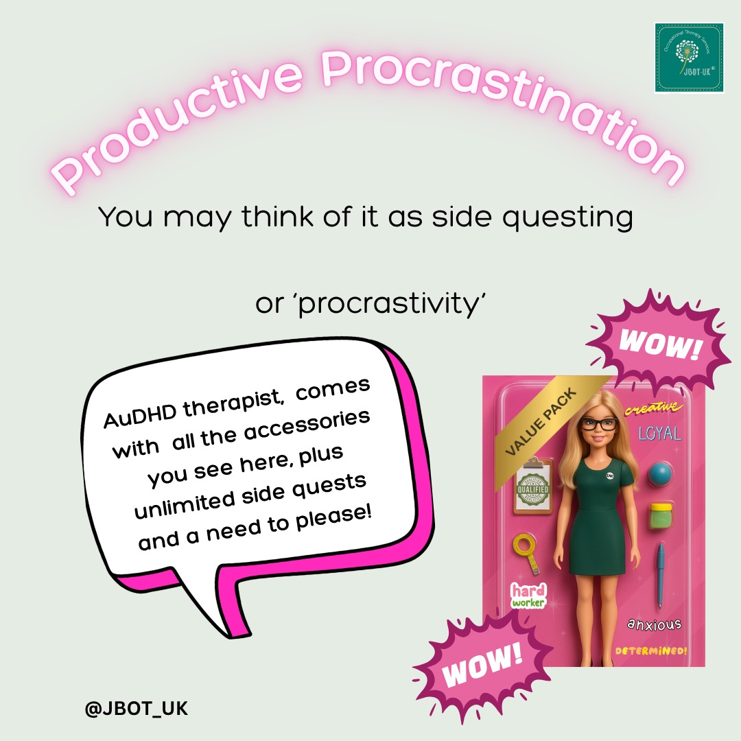 When I have a lot to do on my list, I do something else!
This seems totally counterintuitive as I MUST complete my list by the end of the day; it's just how I roll.
But, doing something new, that I know I can probably complete, gives me important feedback in relation to novelty, mastery and often sensory input.
Productive procrastination allows me to move through my, some might say, overly ambitious daily to-do lists when I might otherwise feel overwhelmed.
Many neurodivergent people find task initiation and task perseverance difficult, are heavily impacted by disruptions to workflow, transitions and struggle with sequencing. Meanwhile, they are working hard to meet the expectations of others and themselves.
Any strategy based on improved self-understanding has got to be better than fighting against your running system and values.
Is there any particular strategy that works best for you?
#productivity #timemanagement #procrastinationatitsfinest #goals #productiveprocrastination #adhd #autism #audhd #neurodivergenttherapist #novelty #mastery #hack #selfunderstanding #gainsnotshame #embraceyourrunningsystem #proprioceptivework #sensoryactivity #sidequest #procrastivity