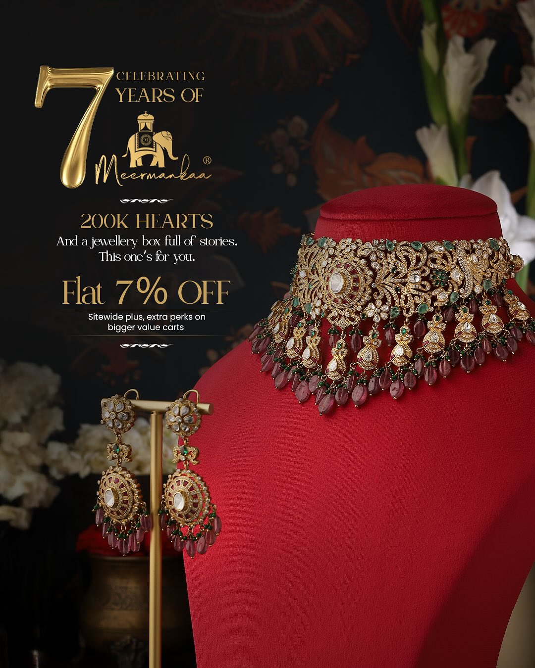 Our 7-Year Celebration Continues 🎉
Enjoy 7% OFF across our collections as part of our anniversary sale.
Swipe to know the key details before you shop — from studio visits to special offers on orders above ₹1,00,000.
A seamless shopping experience awaits 💛
🎉 Flat 7% OFF sitewide
🛍️ + ₹2000 off on orders above ₹1L
💫 Studio visits by appointment only
#MeermankaaTurns7 #JewelleryWithLegacy #200KStories #AnniversaryOffer #MeermankaaJewels #TimelessCraftsmanship #HeirloomsOfToday #necklace #earrings #polki #moissanitepolki #craftsmanship