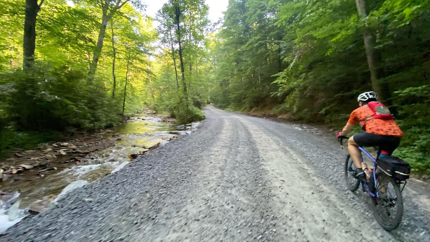 Riding gravel here in Pisgah National Forest is fun, challenging and super scenic! Ending this tour with a plunge in the river and a visit to a local brewery! #brevard #davidsonriver #pisgahnationalforest #gravel #gravelbike #guidedbiketour #northcarolina @oskarblueswnc @explorebrevardnc @falcons_escape