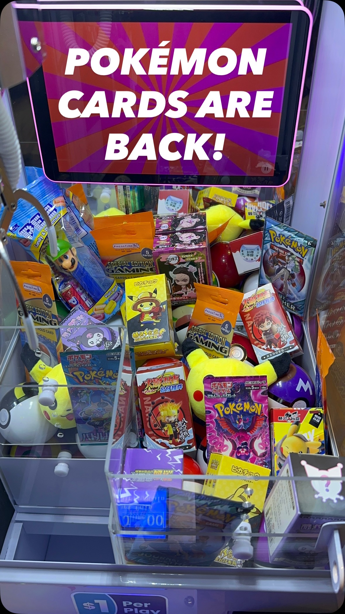 🚨NEW ITEMS & RESTOCK: New prizes are here, including genuine #pokemon booster packs! Catch ‘em all before they’re gone 🫧 #mills50 #oliversarcades #orlando #clawmachine #boba #dto