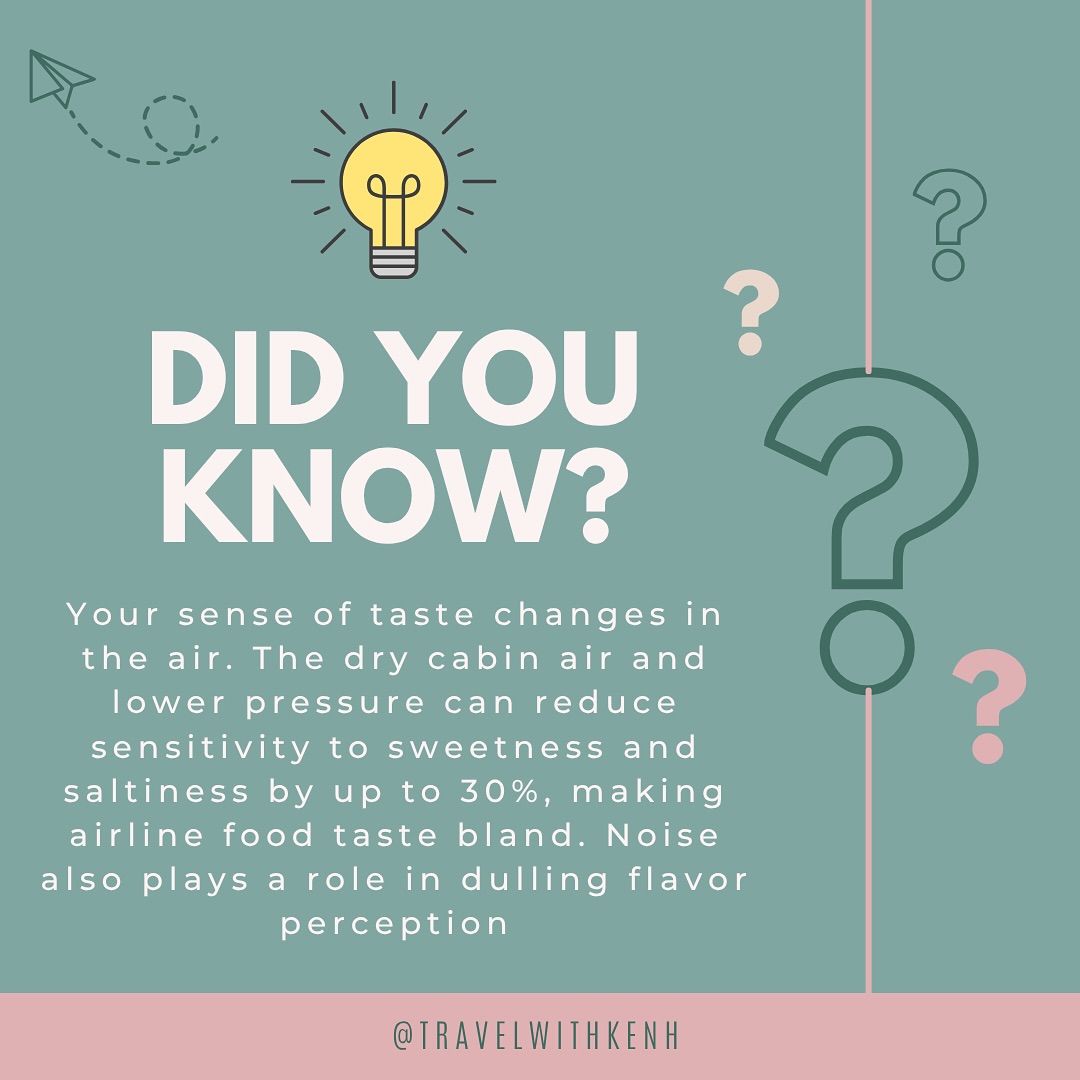 ✈️ Ever wondered why airplane food never hits quite right? At cruising altitude, the dry air and cabin pressure dull your taste buds—especially for sweet and salty flavors. So it’s not just the pasta, it’s science 🤓
#TravelWithKenH #TravelTrivia #FlightFacts