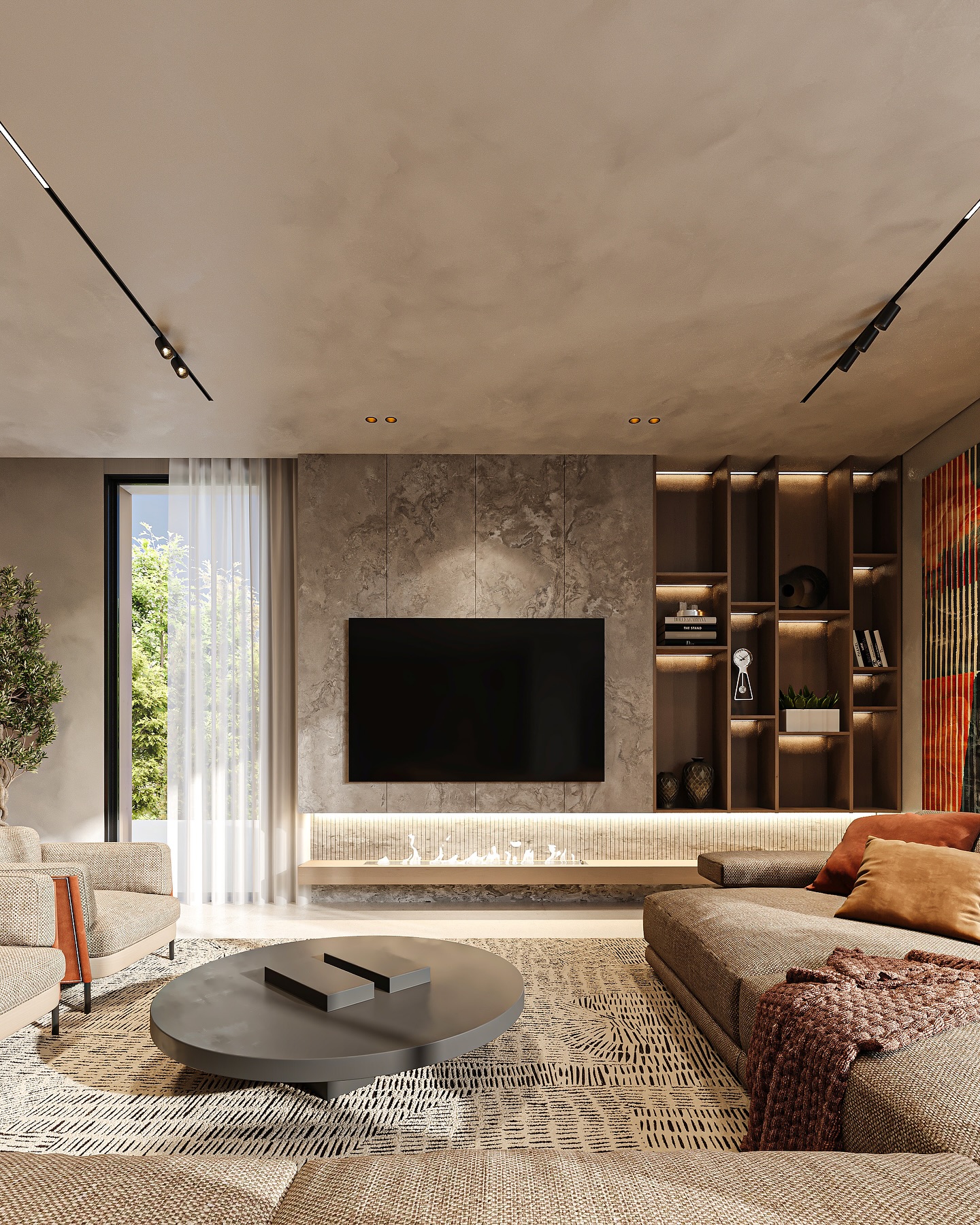 ✨ Project: SDB — Al Diriyah, Riyadh ✨
Built-up area: 610 SQM | Second Floor
A refined blend of contemporary elegance and warm textures — this cozy family living area is designed to inspire connection and comfort. Soft earthy tones, layered textiles, and bespoke built-ins create a sophisticated yet inviting atmosphere. Natural light pours in through floor-to-ceiling windows, highlighting the subtle stone textures and the custom ambient fireplace beneath the floating TV wall.
Stay tuned — the next slides reveal more of this stunning space.
#InteriorDesign #AlDiriyah #RiyadhDesign #LuxuryInteriors #ModernLiving #maroonarchitects