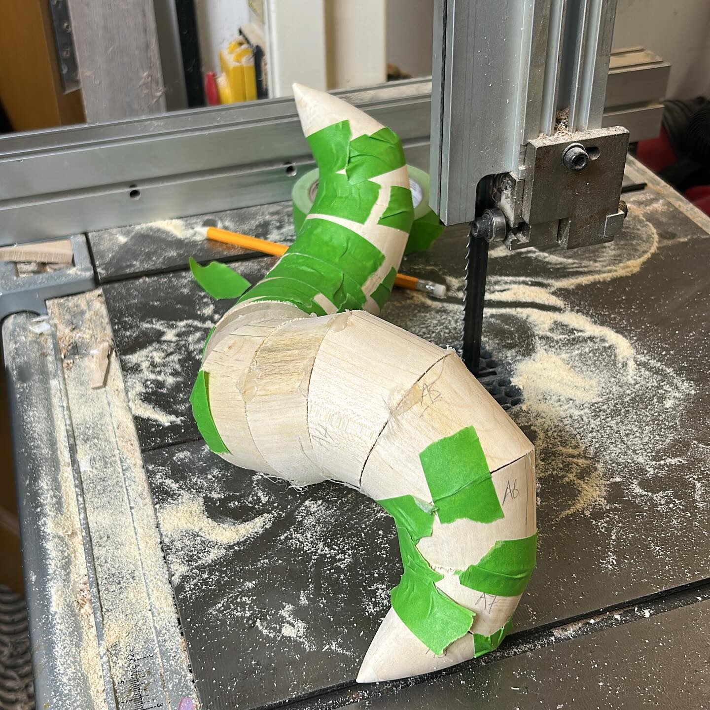 Very early stages of my first attempt at a Michael Hosaluk style box. Managed without any bandsaw mishaps, but switched to painters tape after a few hot melt glue burns. Next step sanding all the saw cuts smooth and prepping for gluing. #icewoodturning #rpturners #woodturnersofinstagram #trentvalleywoodturners