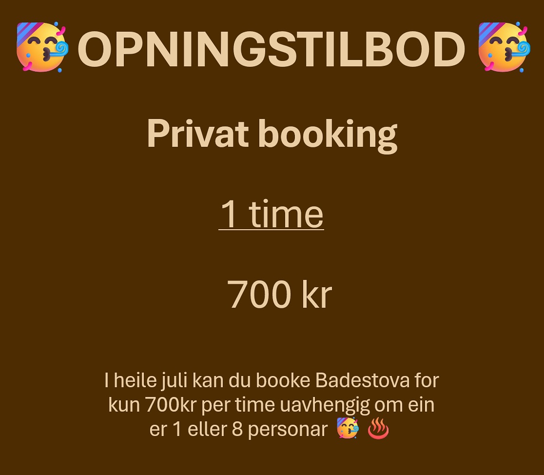 VI HAR OPNA FOR BOOKING!! 🥳
Første booking frå kl 18.30 i morgon 1. juli 👏🏼
Nytt denne linken eller link i bio:
https://saunabooking.no/book/?c=damms-as
Praktisk info:
♨️Badestova opnar automatisk 5 minutt før planlagd time.
♨️Badestova stenger automatisk 5 minutt etter planlagd time.
♨️Badestova vert automatisk varma opp før planlagd time.
♨️Ønsker de to timar badstu må de booke to uavhengige timar etter kvarandre.
♨️Hugs handkle til å sitte på og ta helst med vatn til å drikke.
♨️Der er vatn til å hive på omnen. NB! Aldri bruk saltvatn på omnen.
♨️Ta gjerne eit bad undervegs, men det er grunt i sjøen så ingen stuping.
♨️Hugs å nyte kvart sekund.
Ved spørsmål er det berre å ta kontakt på Instagram, Facebook eller e-post.
Dersom det hastar, eller de har utfordringar med bruk, ring gjerne på 414 27 931.