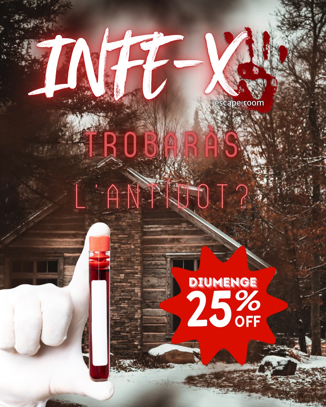 🎉 Oferta especial INFE‑X! 🎉
Teniu una cita al C.E.V.A. de Missionleak amb un 25 % de descompte en l’escape room INFE‑X (de 4 a 8 jugadores, 60 minuts). Ajudareu al Dr. Kurt a contenir un virus perillós als Pirineus? 🦠
Reserva ara a missionleak.com i venç el repte a preu reduït — només per temps limitat!