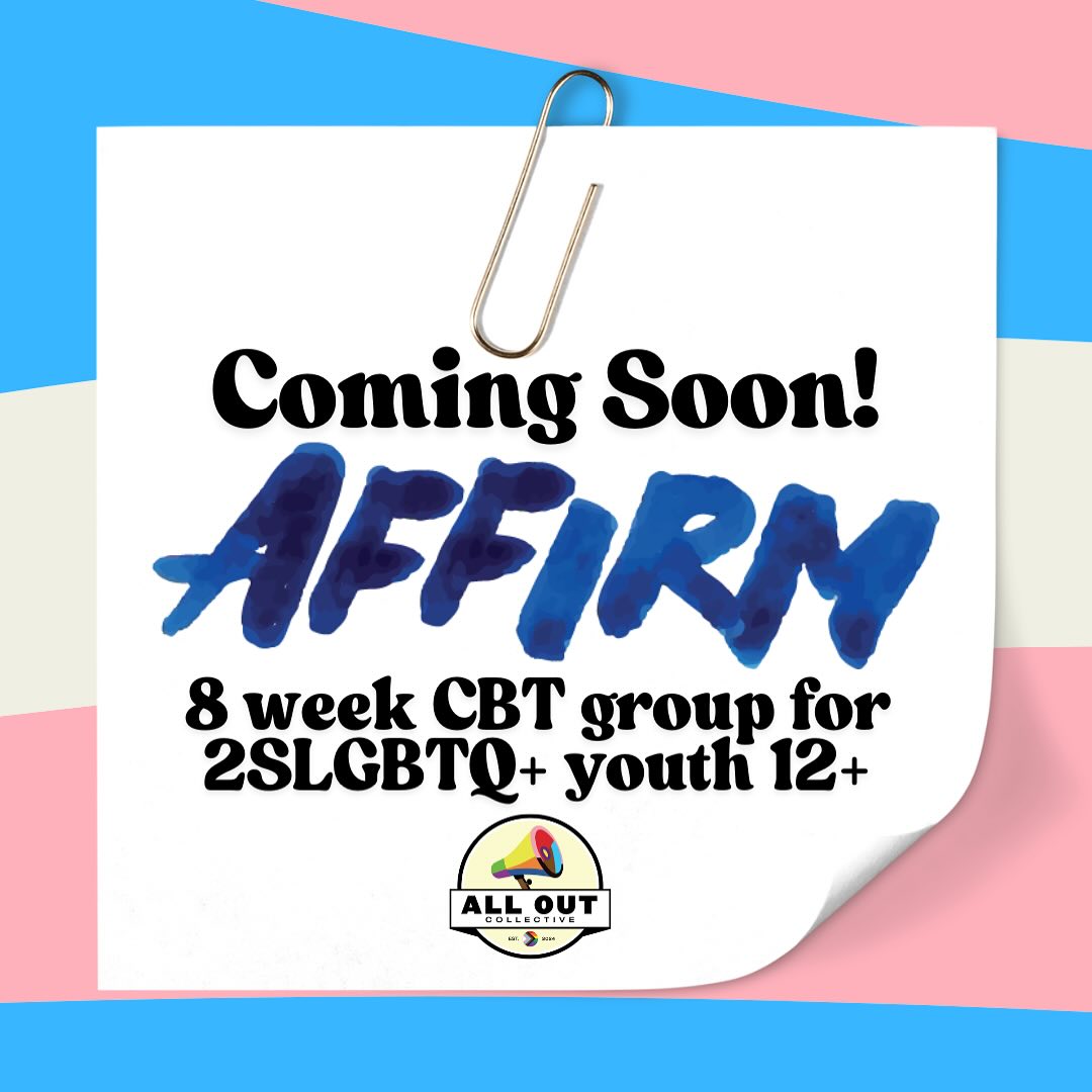 PROJECT YOUTH AFFIRM IS COMING!
What is AFFIRM? An 8 week, research based program focused on reducing depression and anxiety and improving coping skills for 2SLGBTQ+ youth..
AFFIRM teaches youth to understand the link between thoughts, feelings & behaviour & helps identify their strengths & healthy ways of coping.
If you have a 2SLGBTQ+ youth aged 12 or over that you think could benefit from this ( in person in Hamilton or virtually across Canada) reach out via DM or email to theloutcollective@gmail.com
#2slgbtqia #communityiseverything #projectyouthaffirm #alloutcollective