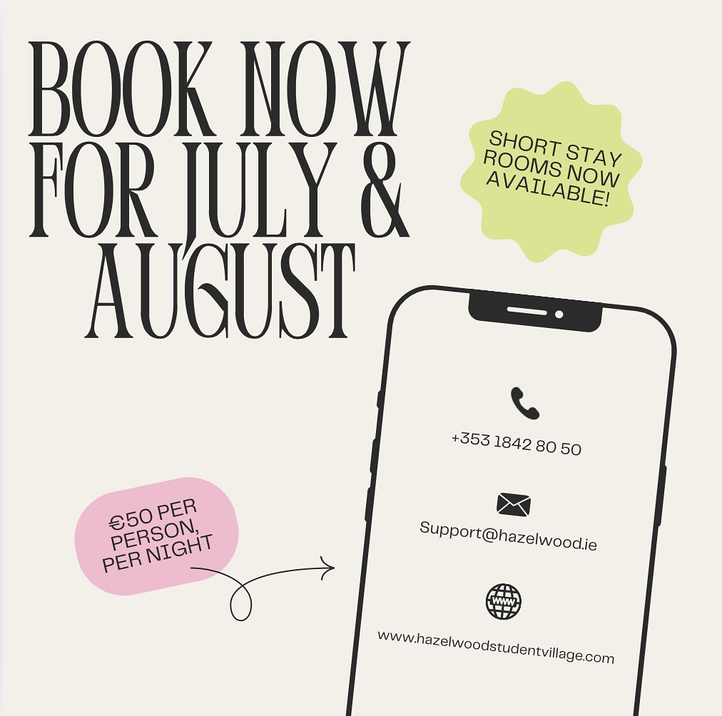 Book with us now for a short stay in the months of July and August!
€50 per night, per person for the summer months!
#hazelwoodstudentvillage #shortstays #summeraccommodation #cheapaccommodation