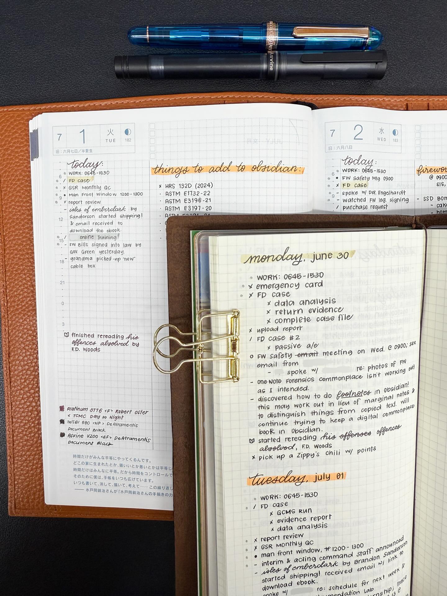 It’s been a weird, stressful week, and it has caused my anxiety to spike. Don’t you hate it when you’re relaxing at home hours after you finished work and an obtrusive thought comes through that makes you question if you did your work correctly despite the fact that you know you already double checked everything? Or maybe it’s just a me problem…. 🫠
Anyway, I’m making the transition into my Hobonichi Avec. I think it looks aesthetically nice, but I’m unsure if it functions how I want it to. It’s definitely a work in progress. I need to experiment more with it.
How’s July treating you so far?
Photographed:
Hobonichi Cousin Avec in a Moterm cover
Traveler’s Notebook
Platinum 3776 Sands of Komodo
Asvine V126
Writech Retractable Highlighters
TWSBI 580ALR Sunset Yellow